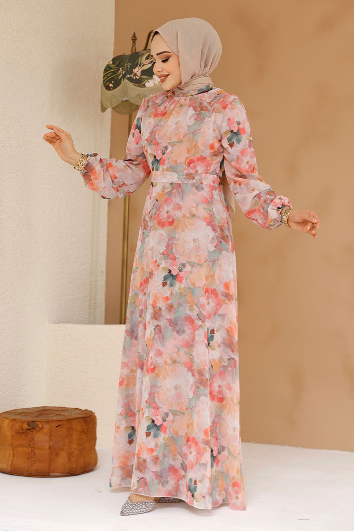Neva Style-Rochie hijab pudrată cu modele florale 27985PD 3