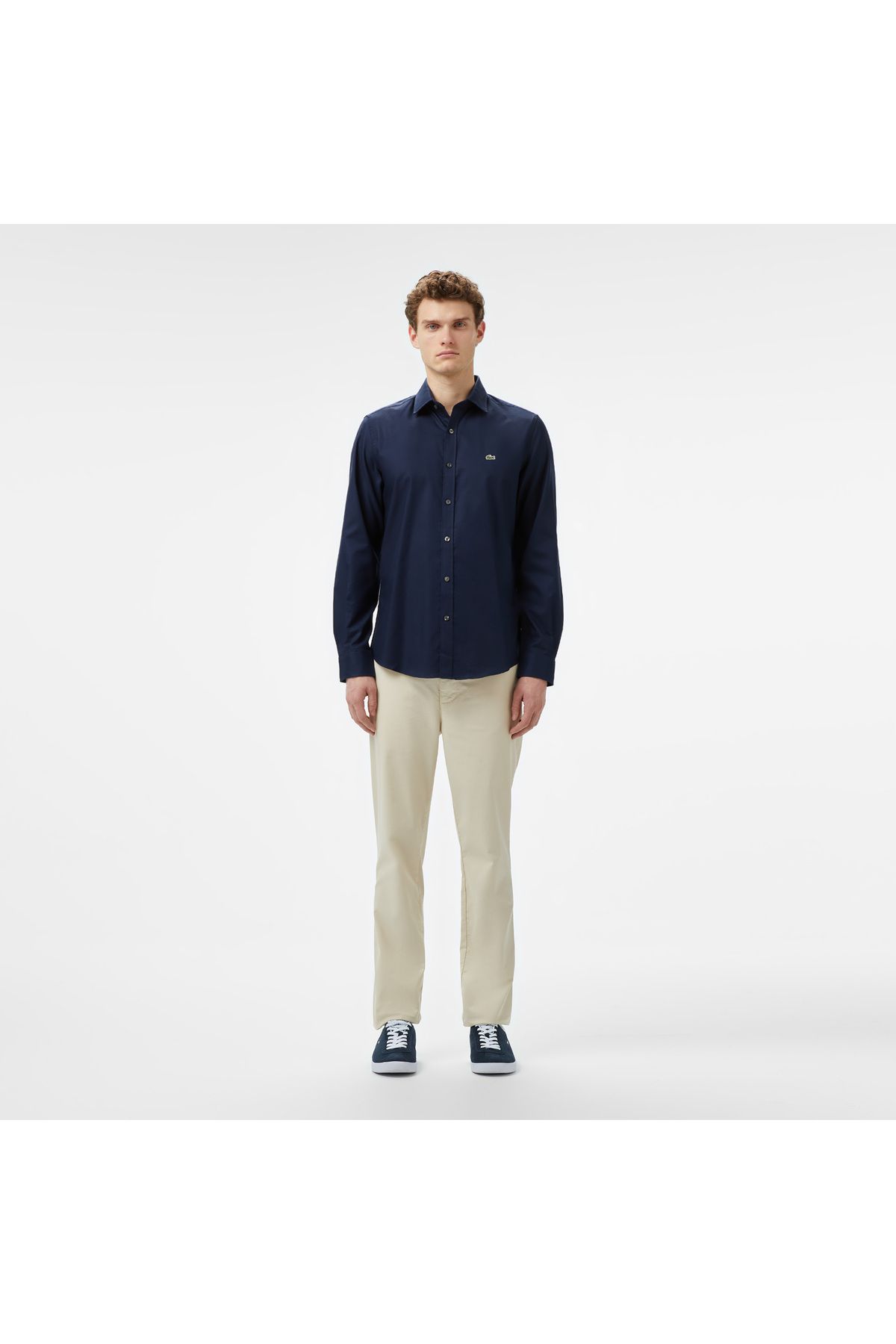 پیراهن / بلوز دکمه دار آبی مردانه باریک و اورجینال Lacoste