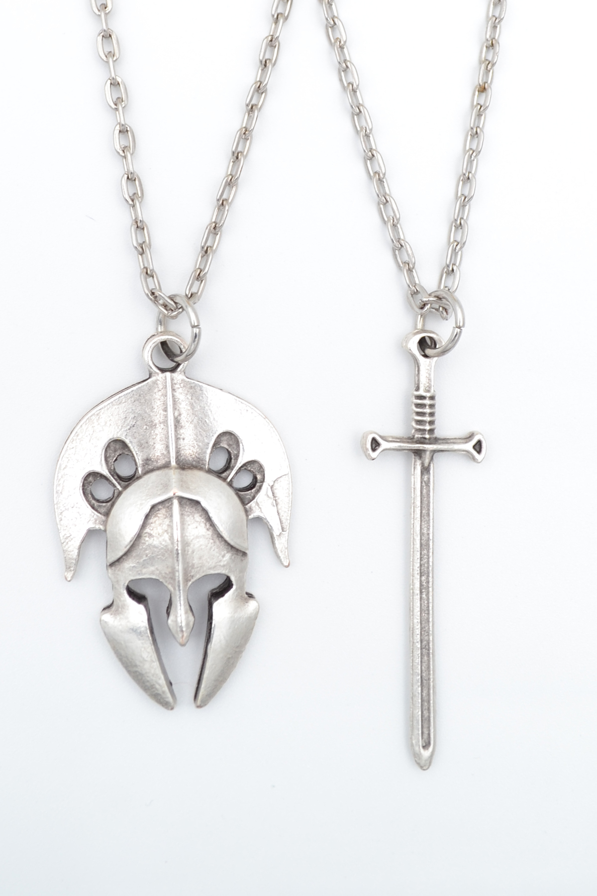 2-Piece Warrior Sword-Gladiator Helmet Silver Plated Necklace Set