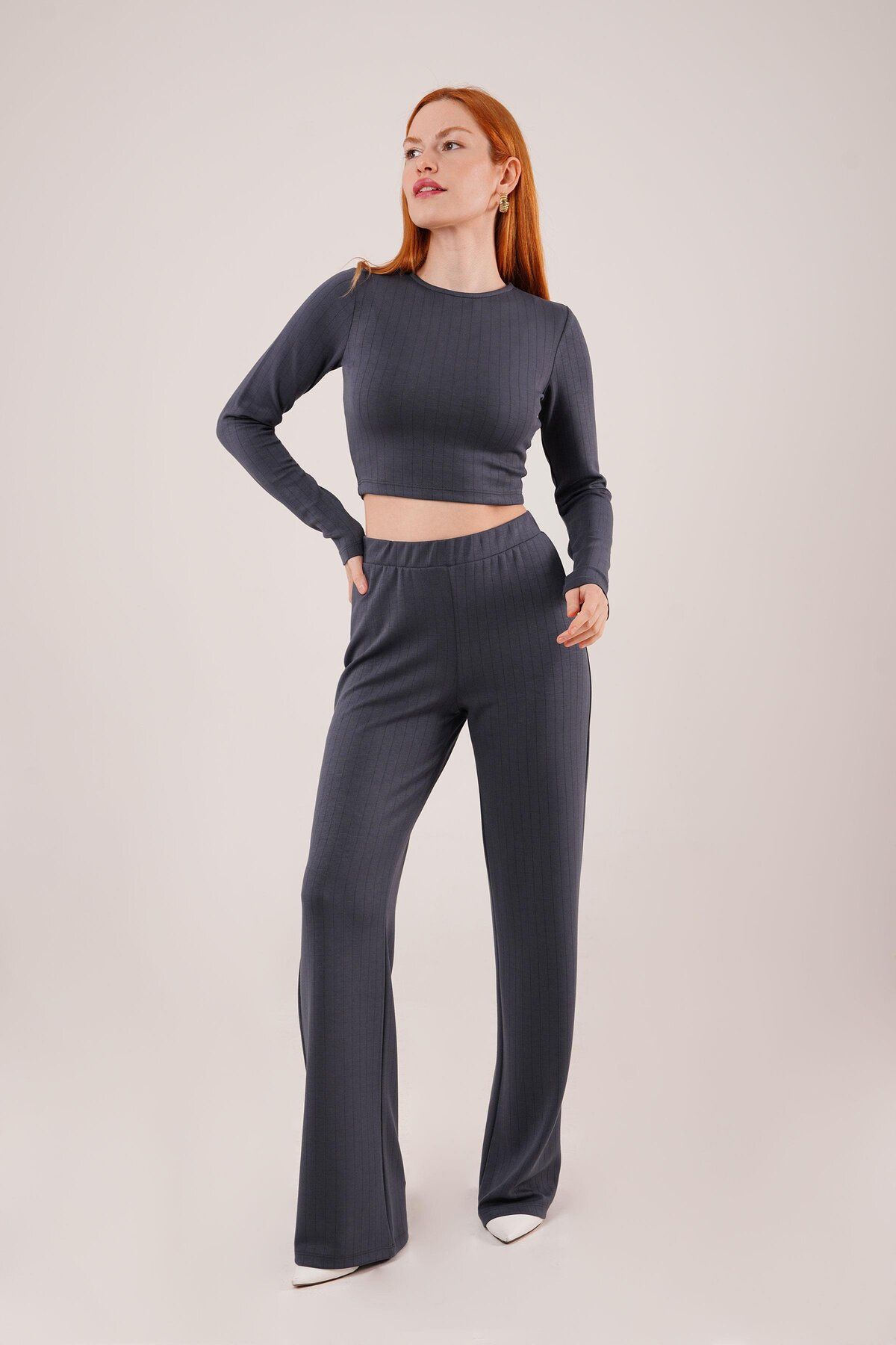 Deridün Yıldız Shoes Fitilli Bluz Ve Pantolon Antrasit İkili Takım