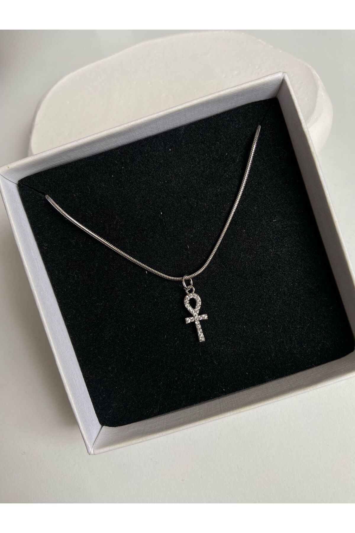 Gümüş Ankh Charm Yılan Zincir 45 Cm Çelik Kolye - Detay Görseli 2