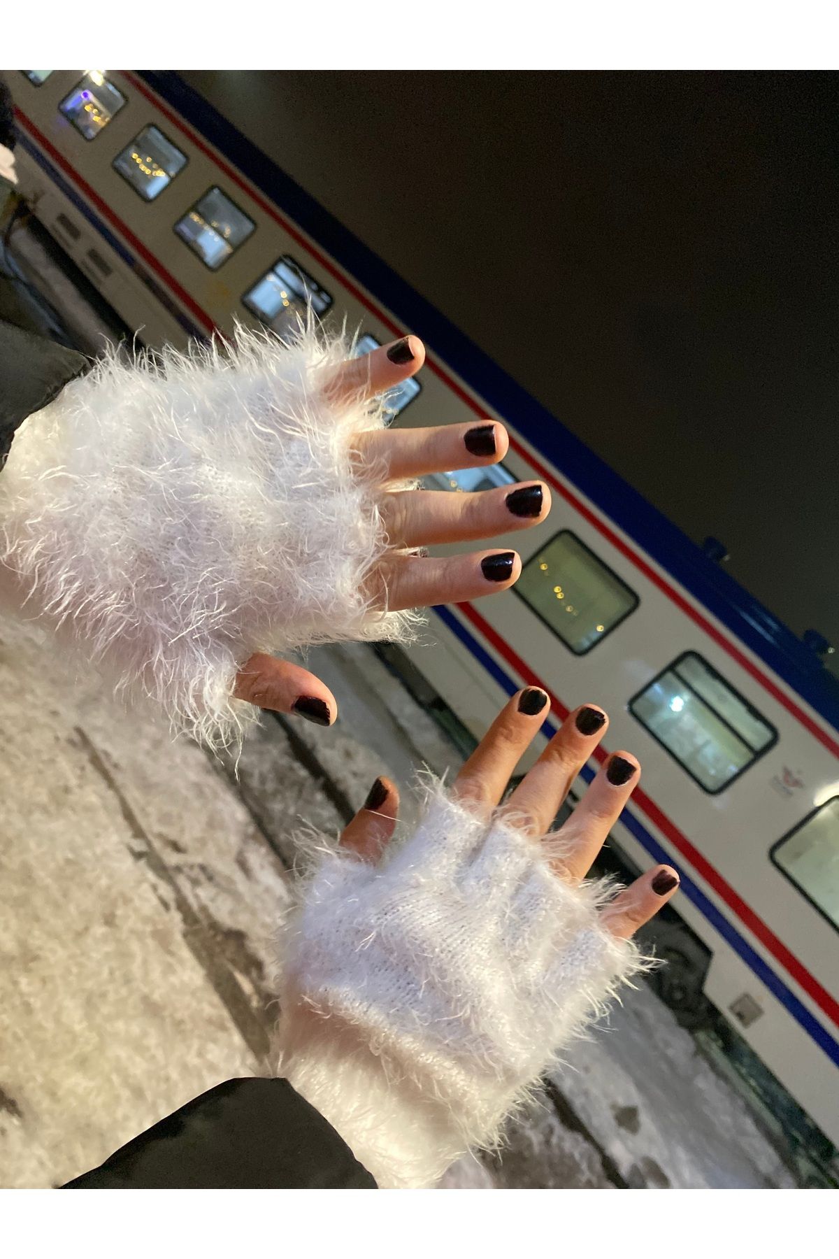 sema aksesuar-White Beard Drawstring Mohair Fingers Cut Out Gloves - Fingerless Gloves - Gift - New Year New Year 8