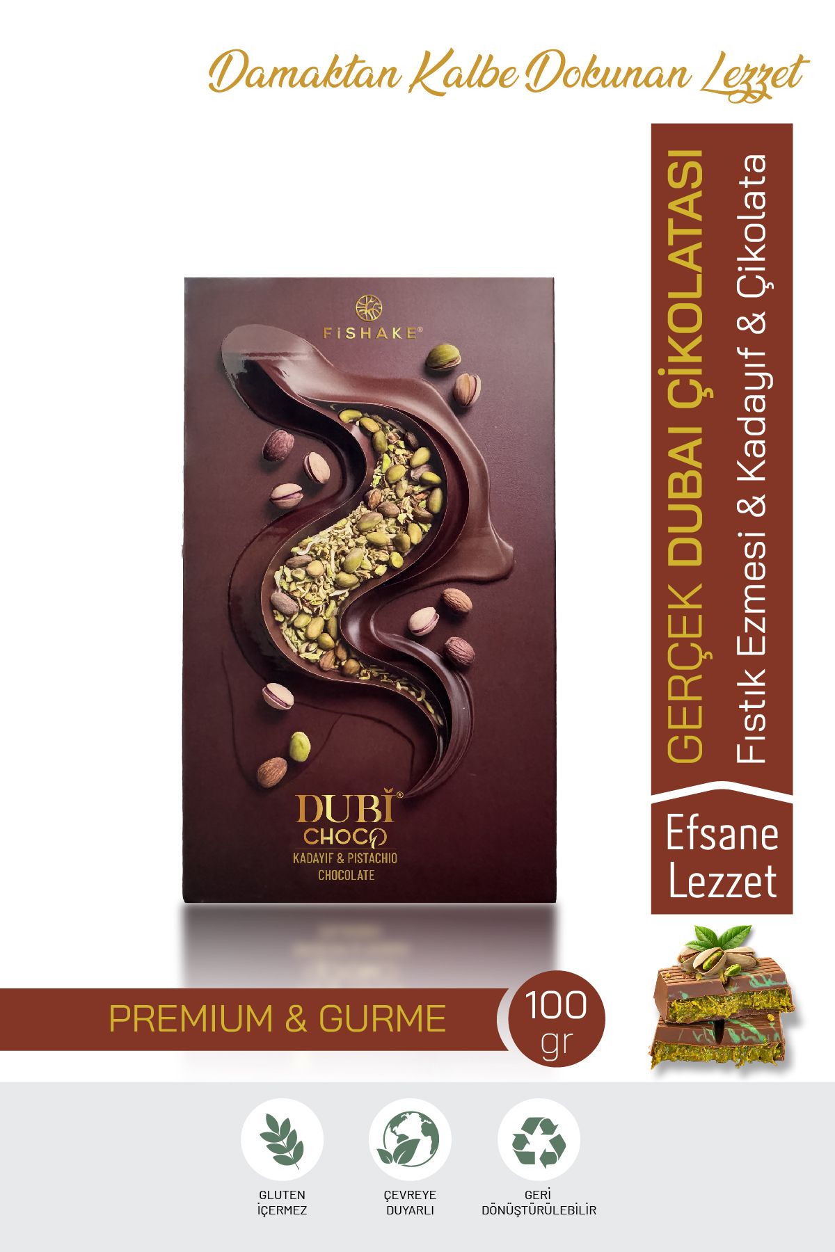 Dubi Choco Gerçek Dubai Çikolatası Fıstıklı ve Kadayıflı Dubai Lezzeti ( Krema İçermez ) 100 GR