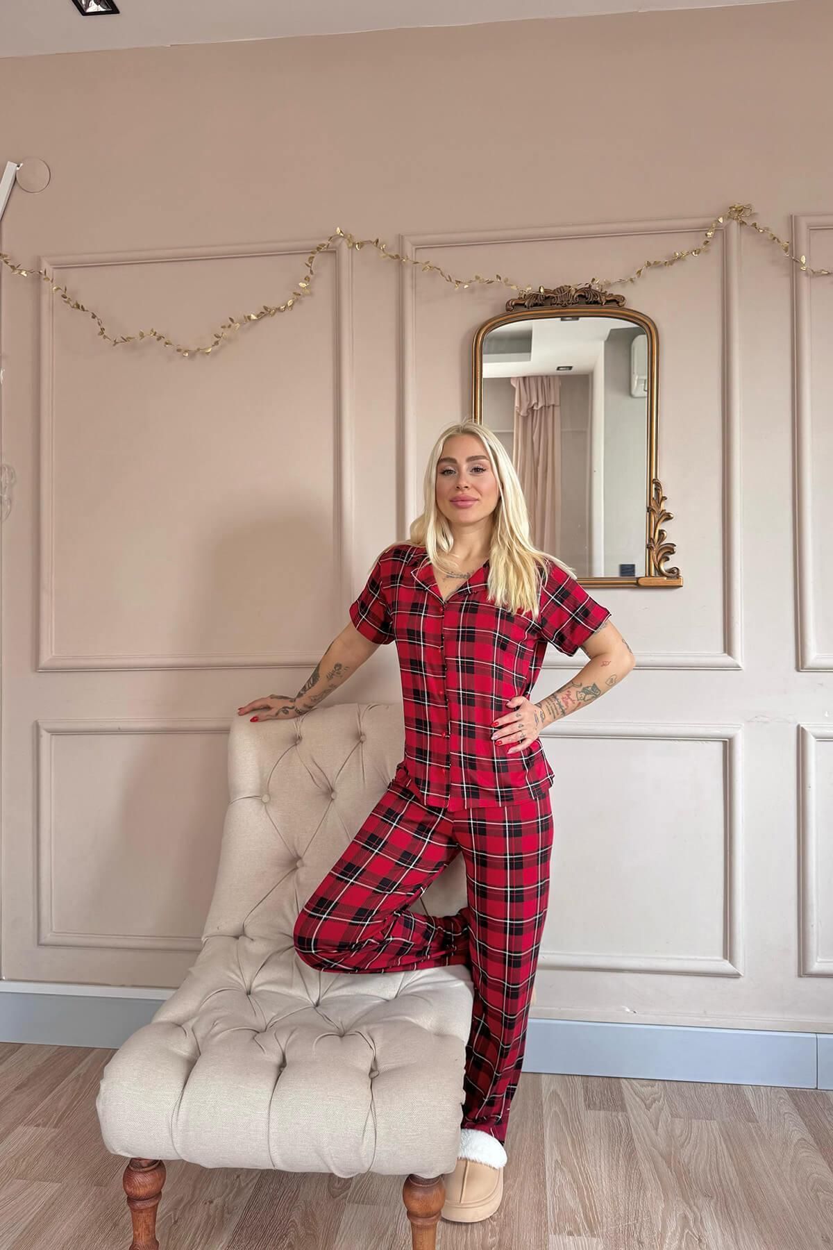 Pijamaevi-Red Striped Patterned Bamboo Front Buttoned Short Sleeve Pajama Set 6