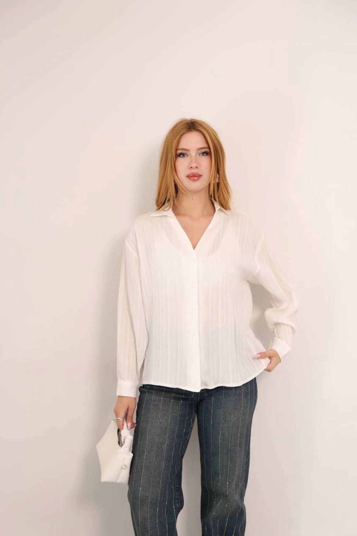 THEFOF Beyaz çizgili yumuşacık oversize kadın salaş gömlek günlük casual