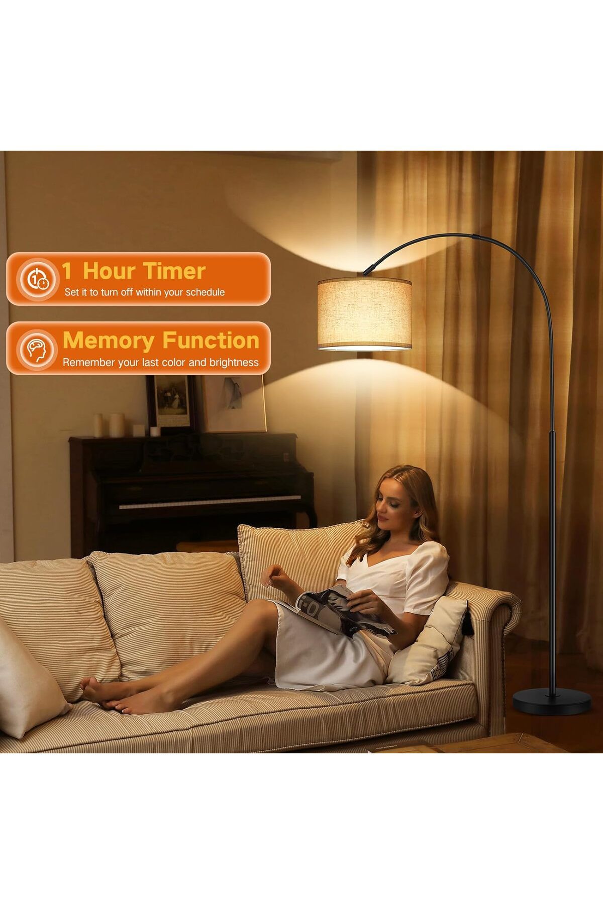 COOYA-Arc Floor Lamp, with Remote Control, 4 Colour Temperature Dimmable, 9W LED Bulb Included 5