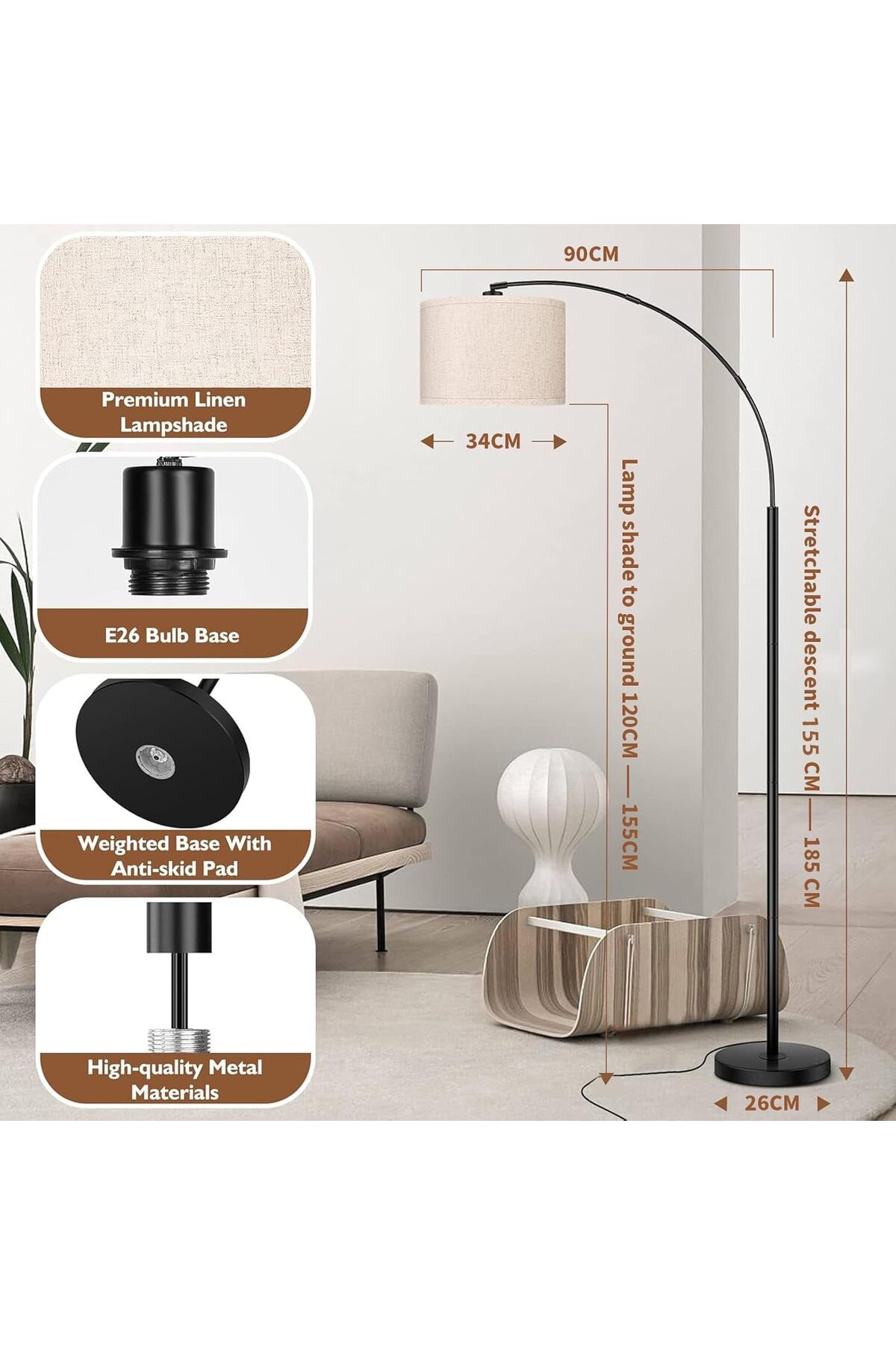 COOYA-LED Arc Floor Lamp, with Adjustable Hanging Drum Shade, 185CM Height Tall, 12W Bulb Included 2
