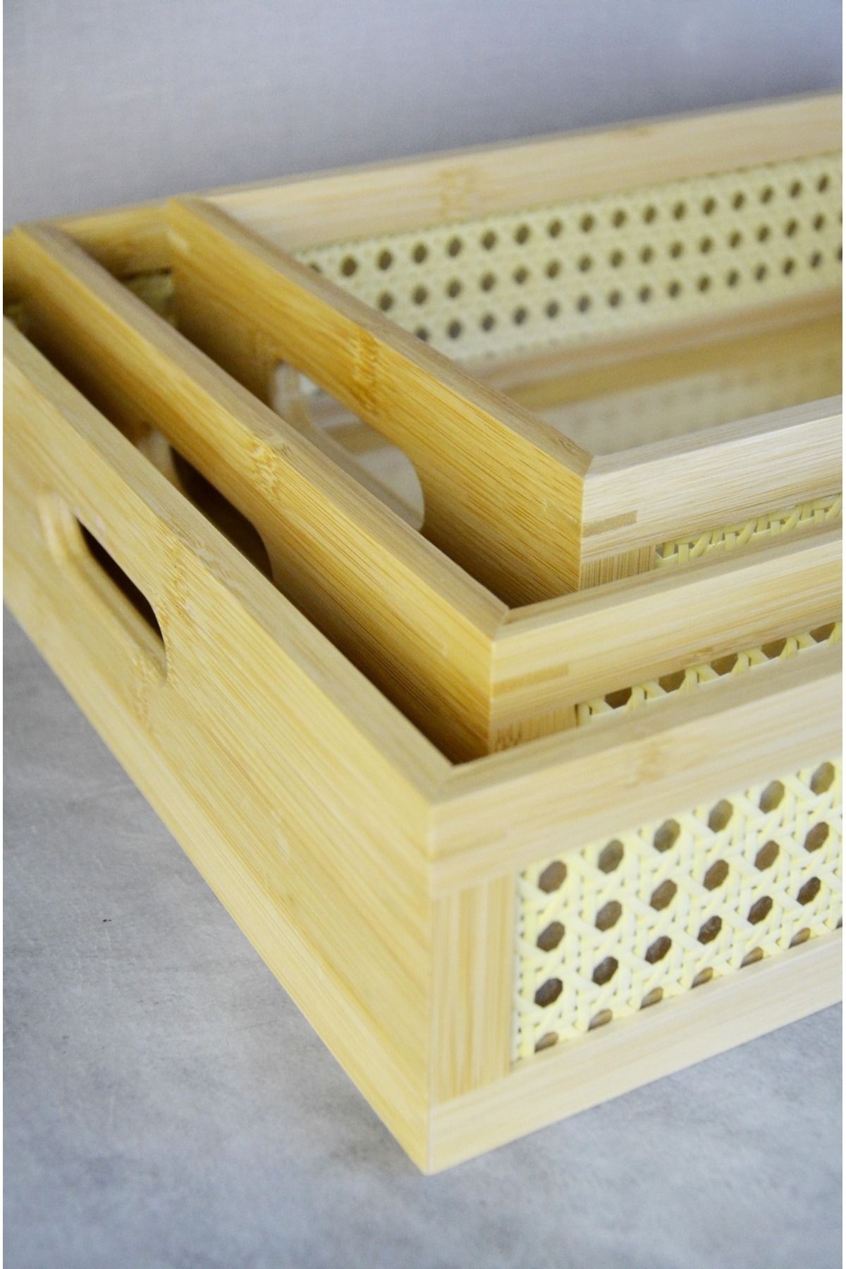 Bayev-Set of 3 Bamboo Hazeran Rectangular Trays - Decorative Presentation Serving Tray 4