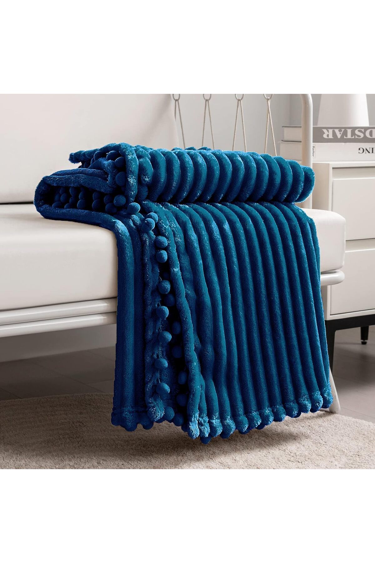 COOYA-Fleece Blanket Twin Size – 51x63, Blue with Pompom Fringe - Flannel Blanket Throw Blanket 1