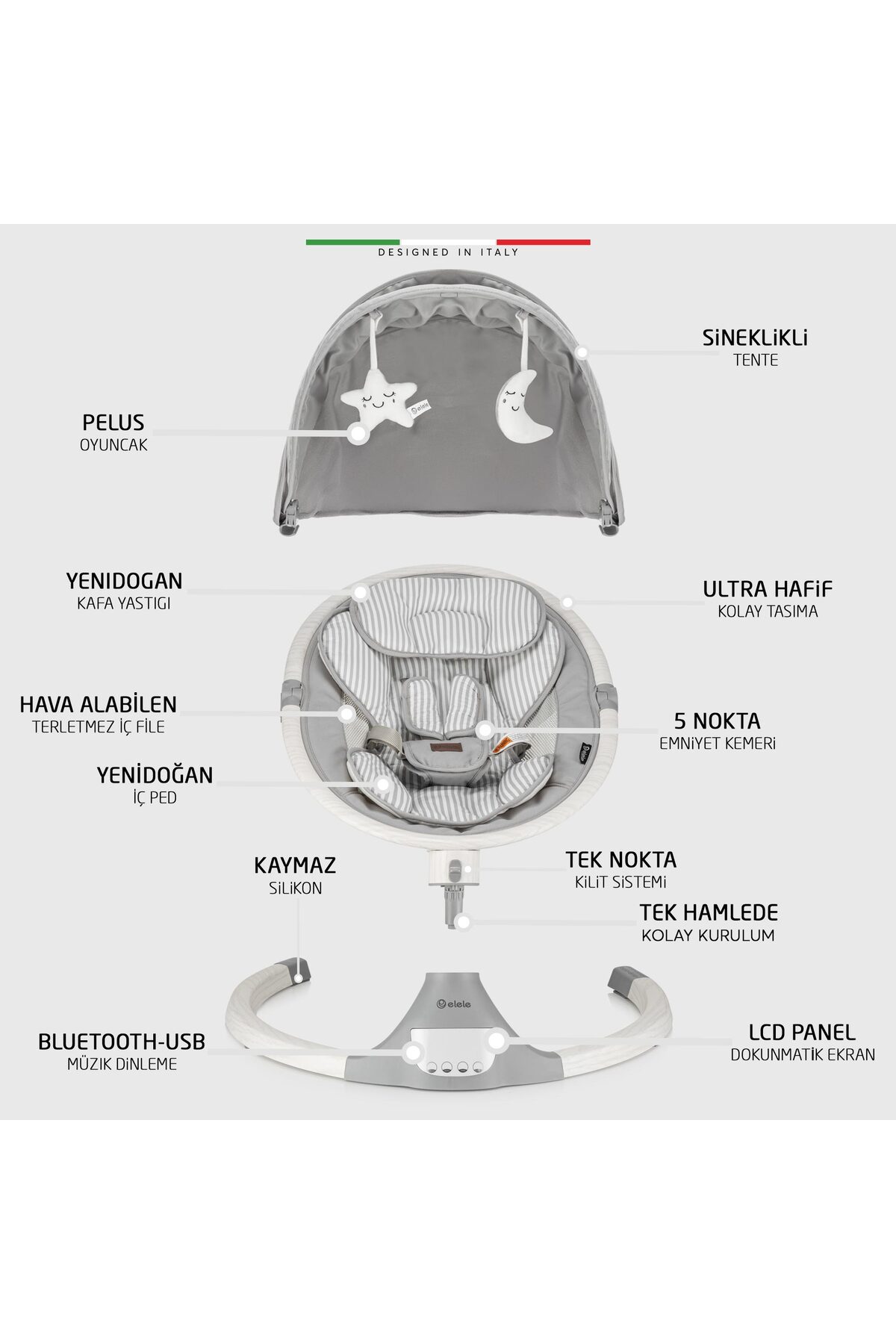 Elele Amore 2 Elektrikli Otomatik Sallanan Ana Kucağı Kademeli Gri fotoğrafı 3 (önizleme)