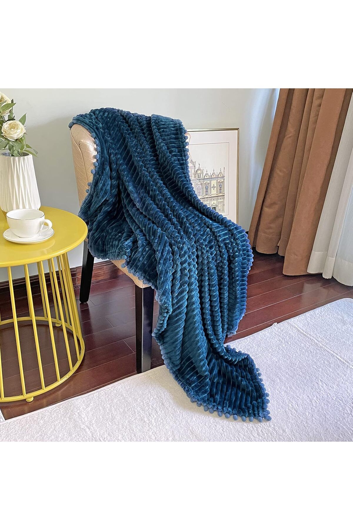 COOYA-Fleece Blanket Twin Size – 51x63, Blue with Pompom Fringe - Flannel Blanket Throw Blanket 4