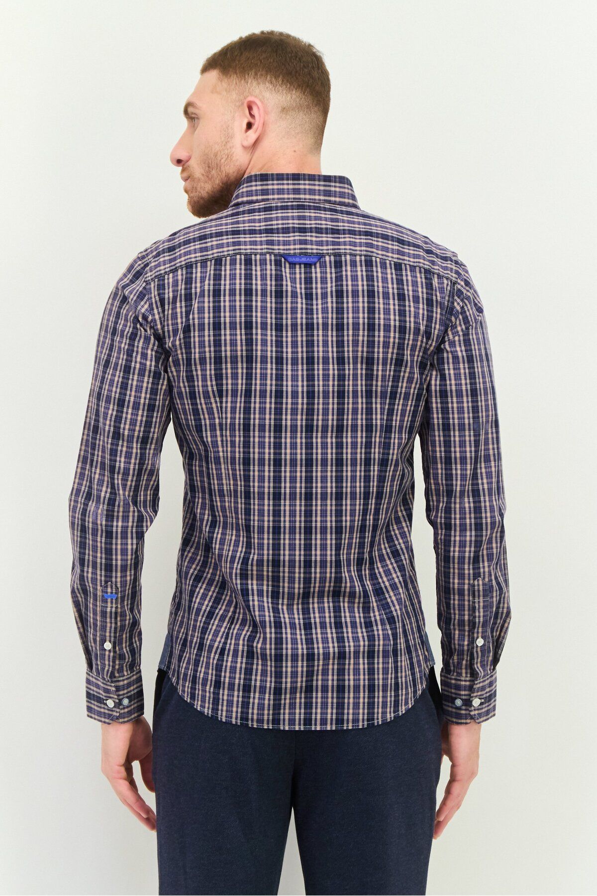 GAS-Men Regular Fit Checkered Long Sleeve Casual Shirt, Navy/Black Combo 3