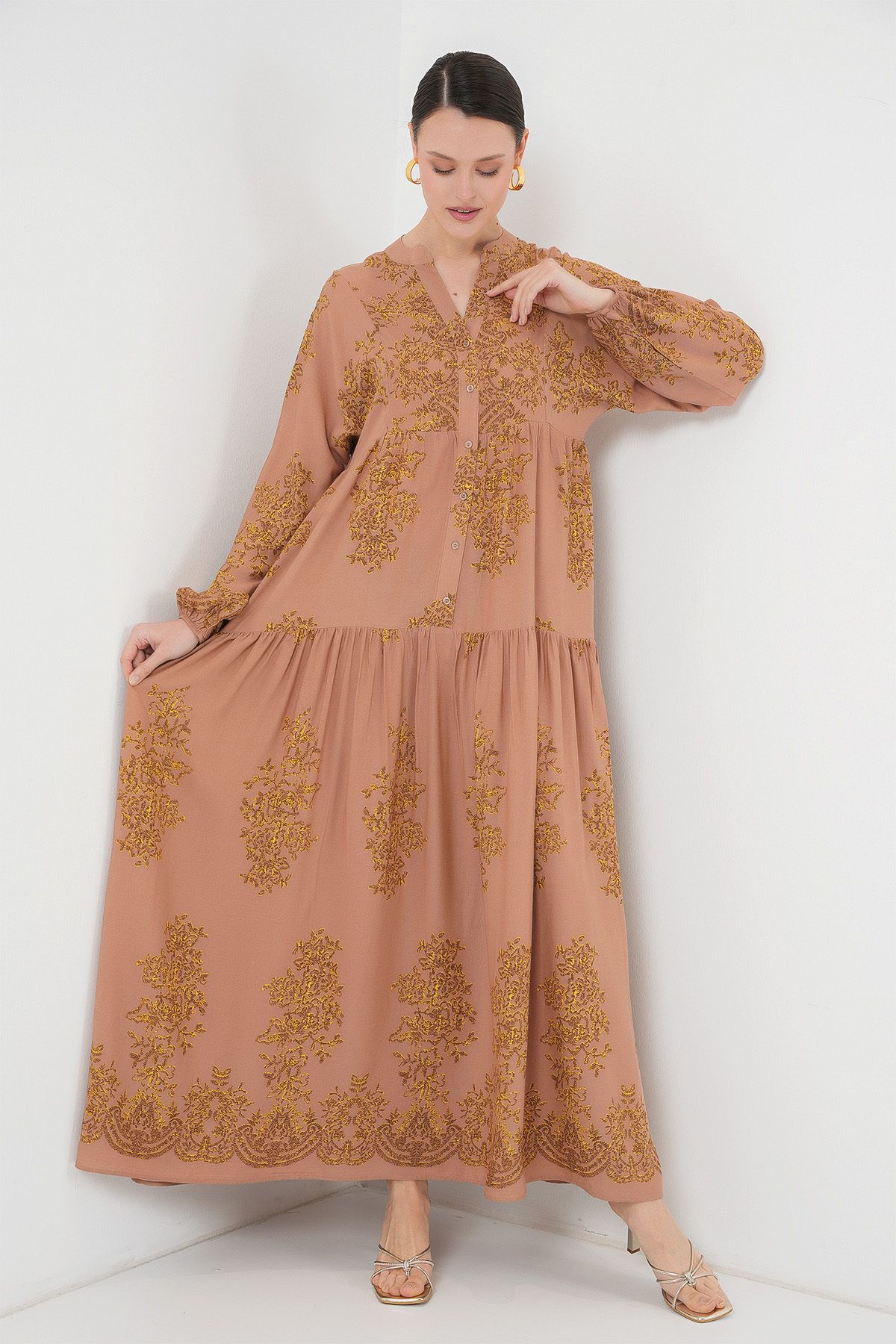Bigdart-2423 Model Authentic Patterned Brick Colored Dress 4