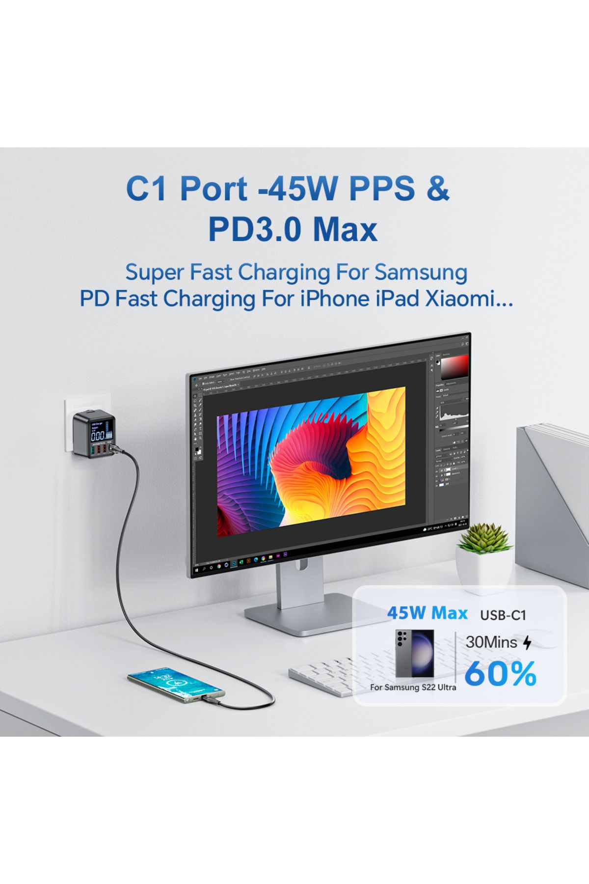 ASOMETECH-US Plug ASOMETECH 72W GaN USB Charger 4 Port With LED Display QC3.0 PD3.0 PPS 45W USB C Fast Charger 5