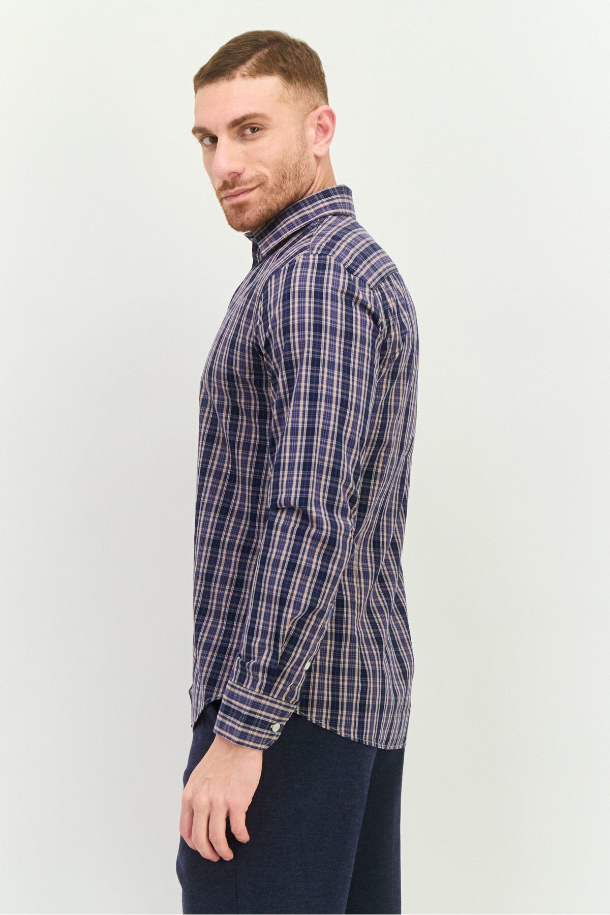 GAS-Men Regular Fit Checkered Long Sleeve Casual Shirt, Navy/Black Combo 2
