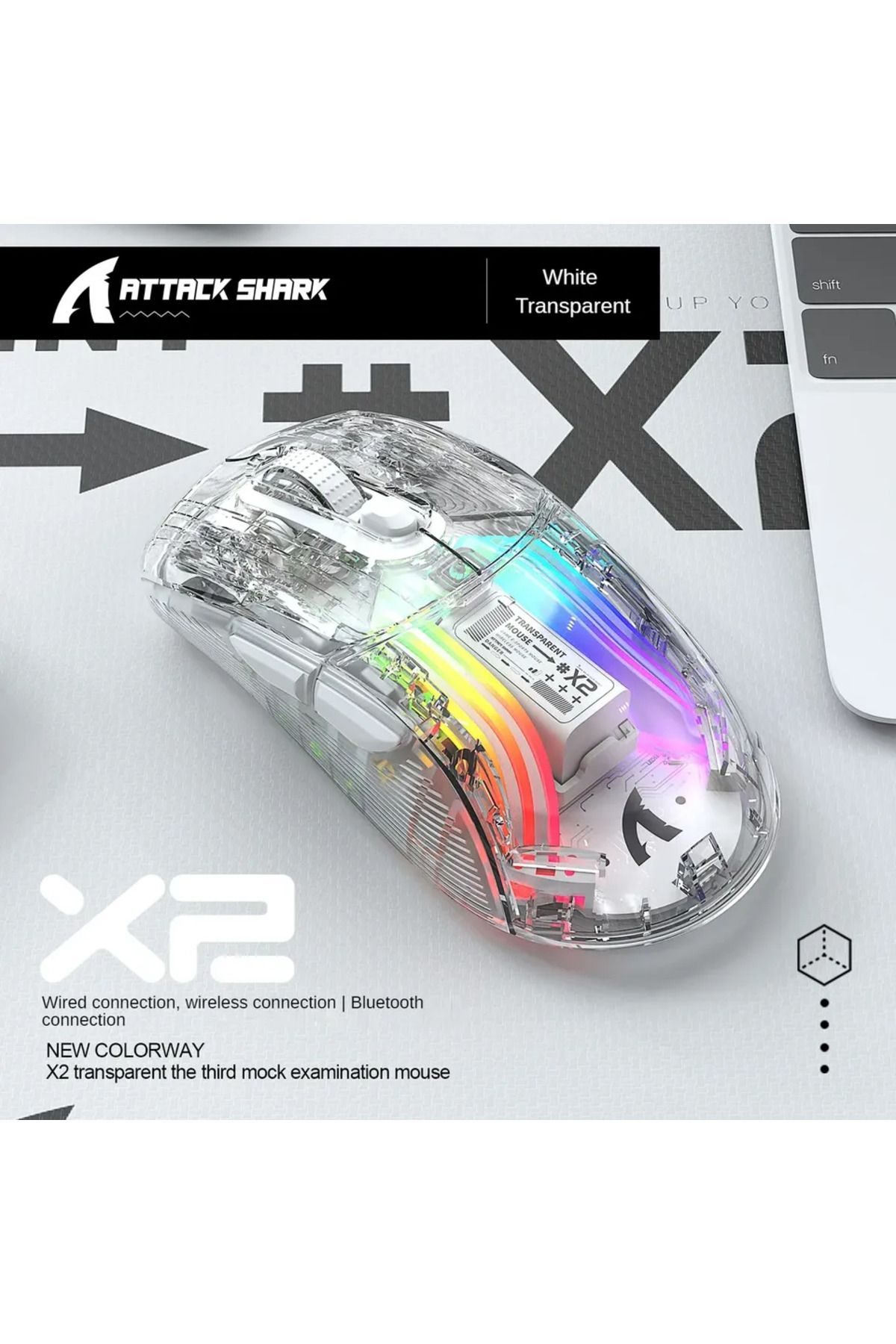 Choice-White ATTACK SHARK X2 Pro Triple Mode Wireless Transparent Shell Gaming Mouse RGB Rechargeable 4000 1