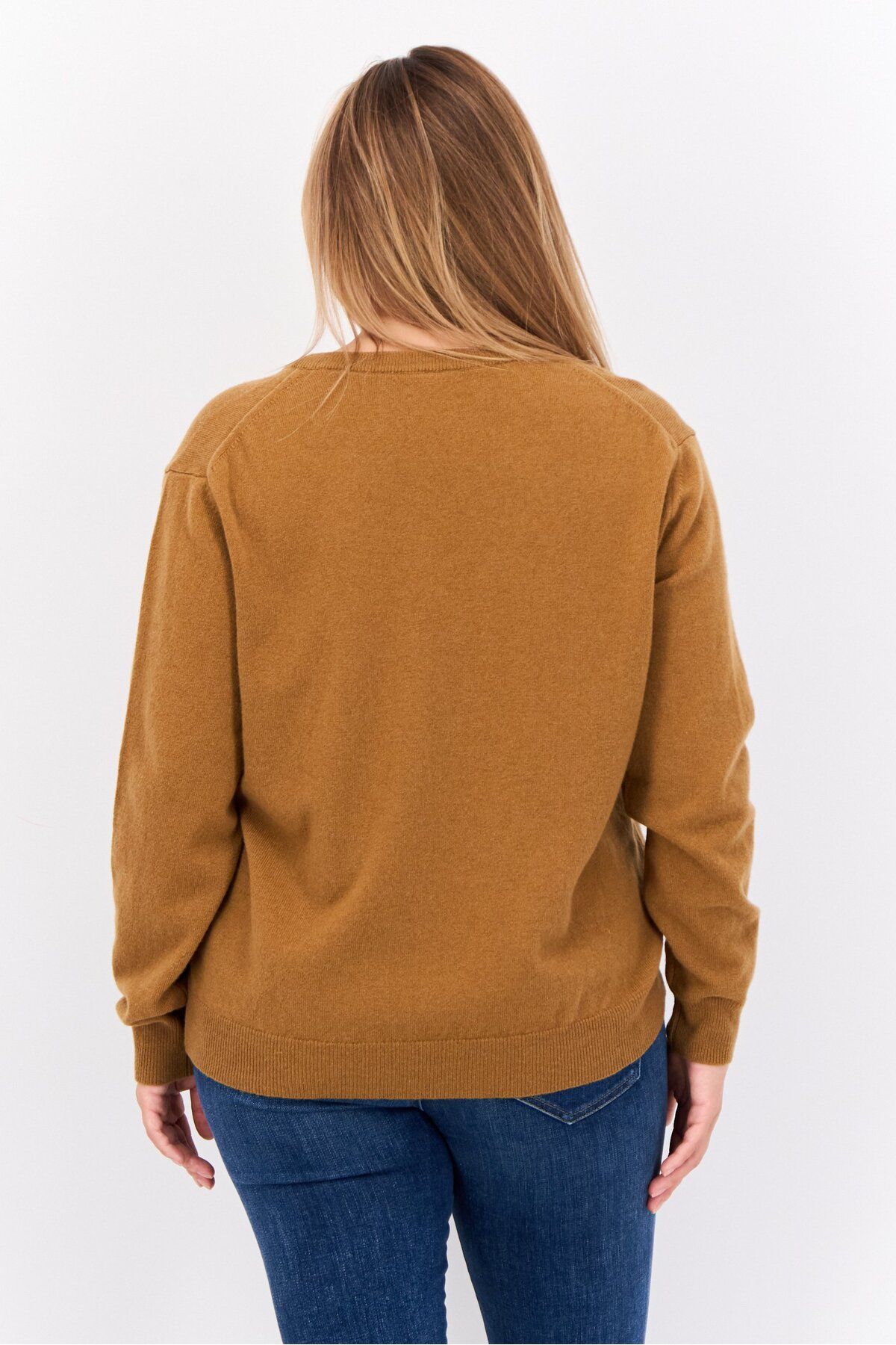 Gant-Women V-Neck Embroidered Logo Sweater, Tan 3
