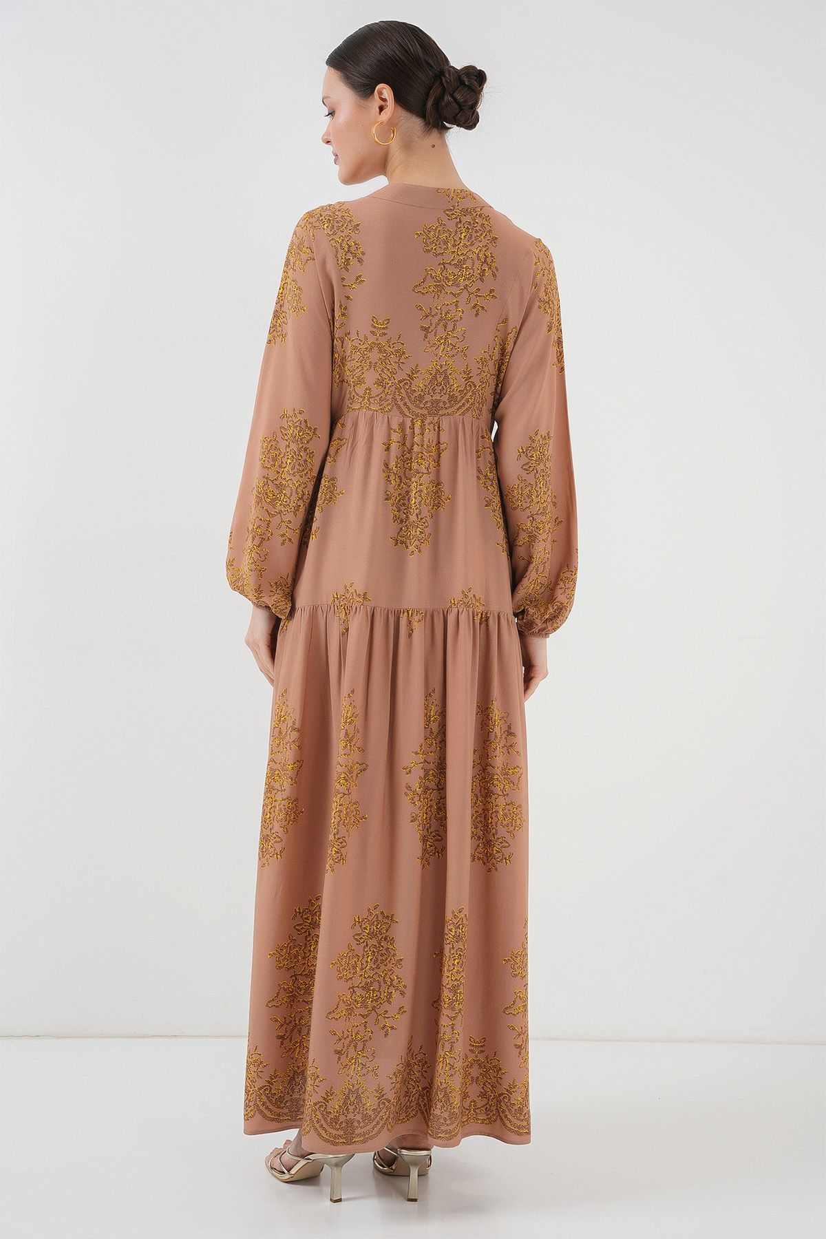 Bigdart-2423 Model Authentic Patterned Brick Colored Dress 6