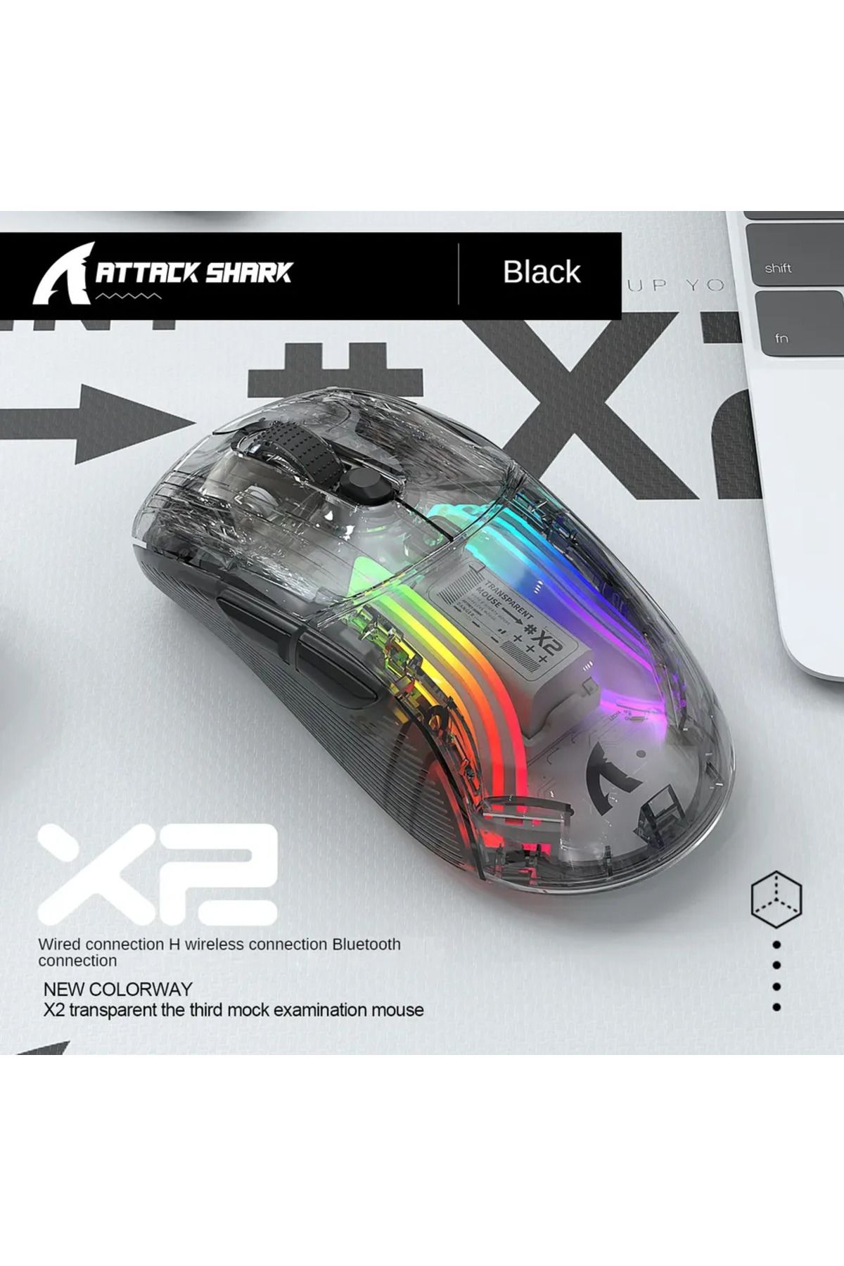 Choice-Black ATTACK SHARK X2 Pro Triple Mode Wireless Transparent Shell Gaming Mouse RGB Rechargeable 4000 1