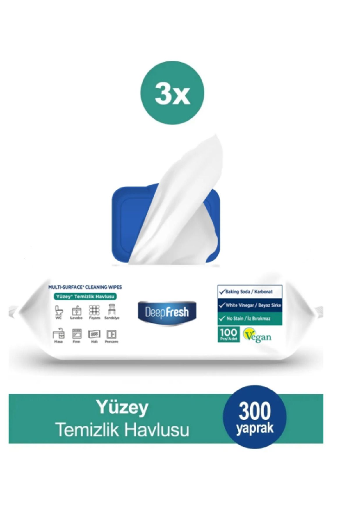 Deep İz Bırakmaz Yüzey Temizlik Havlusu 100 Yaprak 3 Adet | Beyaz Sabun Kokulu | Karbonat, Beyaz Sirke