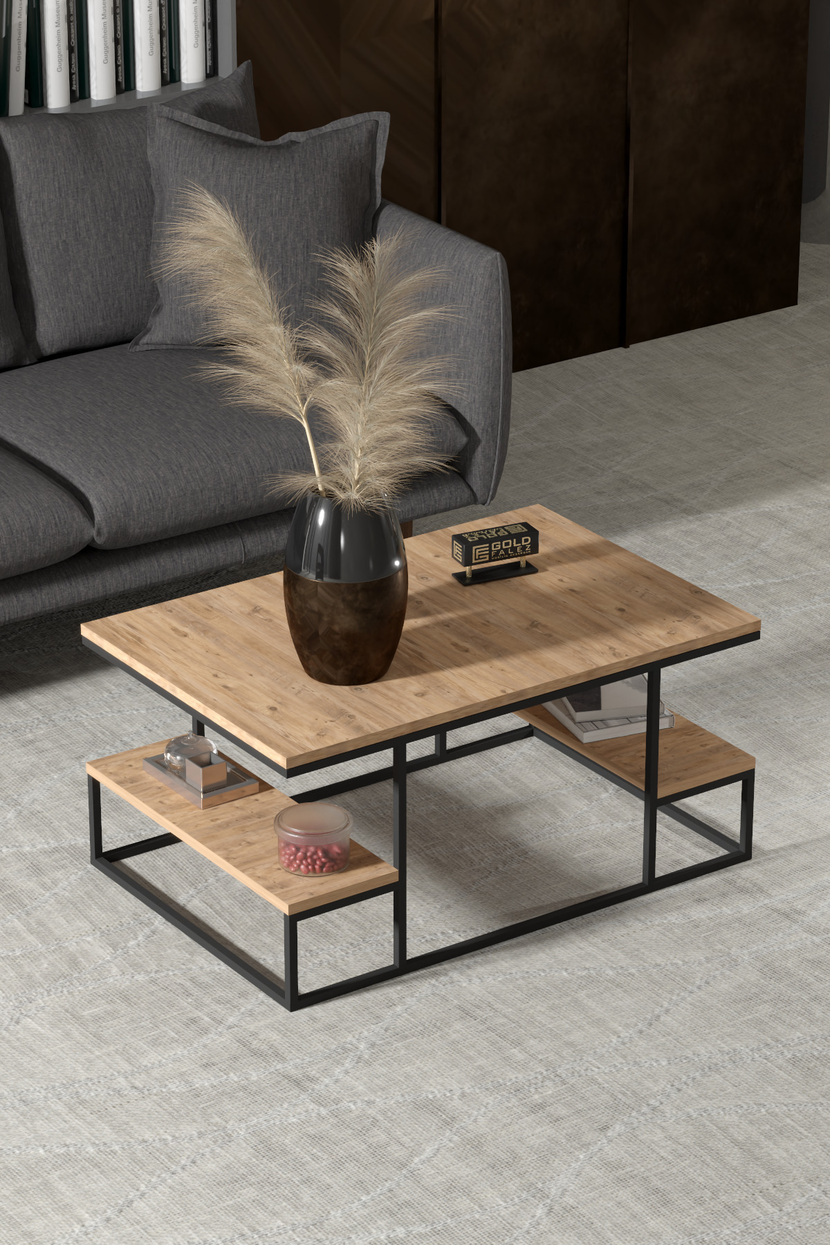 Goldfalez Deluxe Raflı Orta Sehpa Çam 90x60