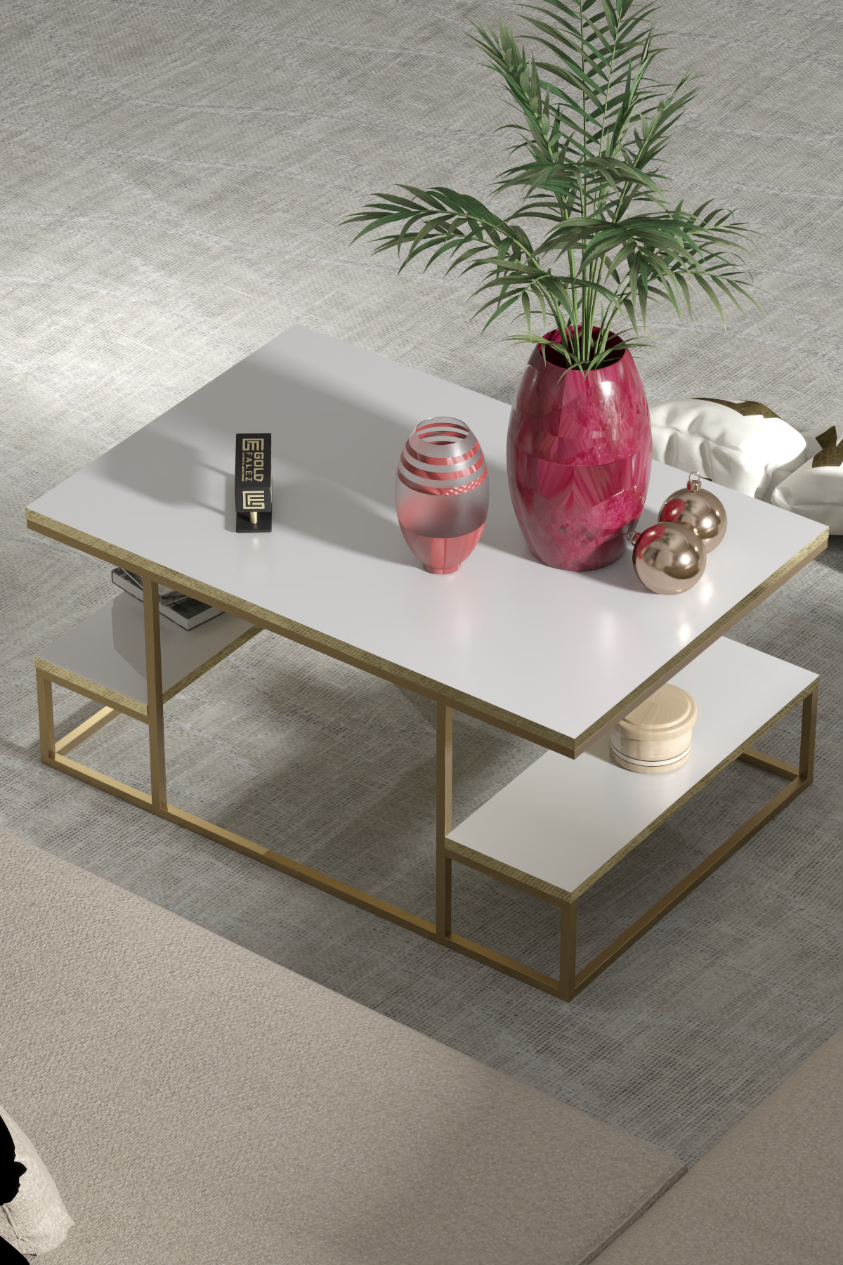 Goldfalez Delux Orta Sehpa Gold Beyaz 90x60 cm görsel 4