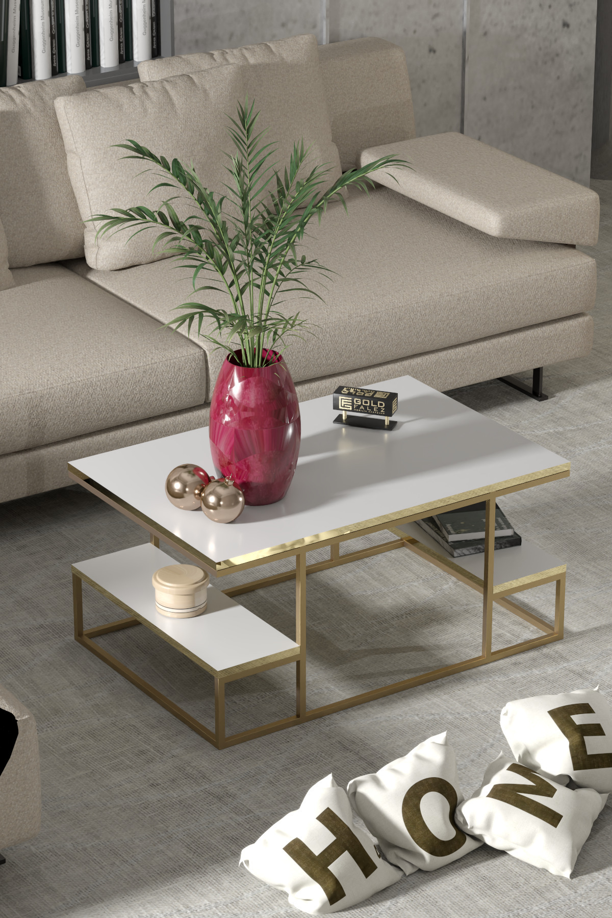 Goldfalez Delux Orta Sehpa Gold Beyaz 90x60 cm görsel 2