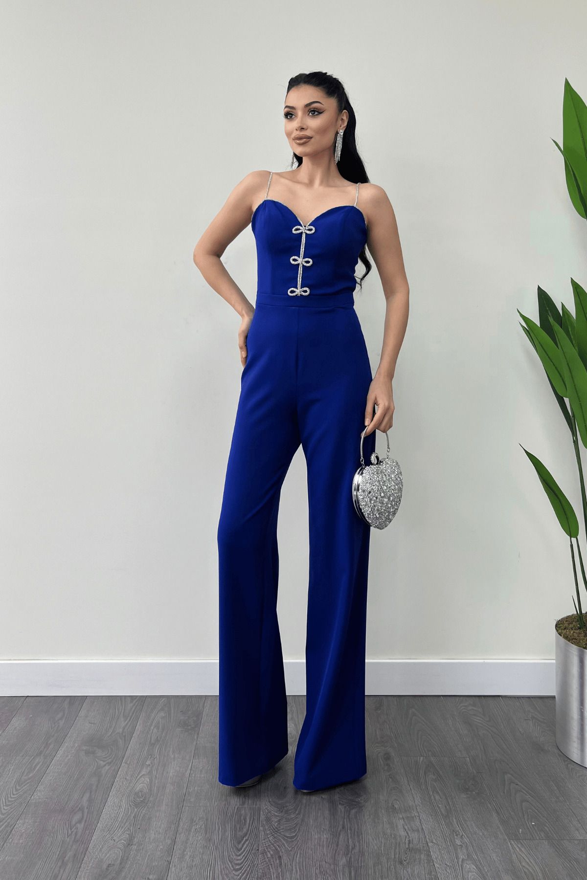 giyimmasalı-Salopetă de rochie de seară cu fundă din țesătură Atlas - SAKS BLUE 2