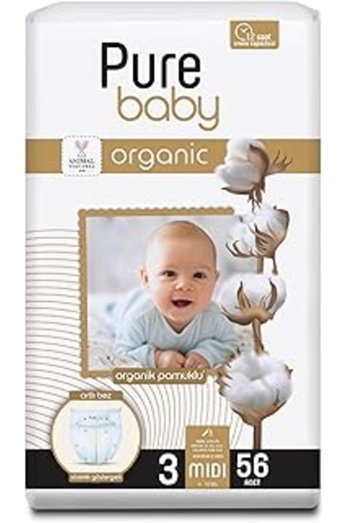 Mu Art Ahşap Pure Baby Organik Pamuklu Cırtlı Bez 4'lü Paket 3 Numara Midi 224 Adet