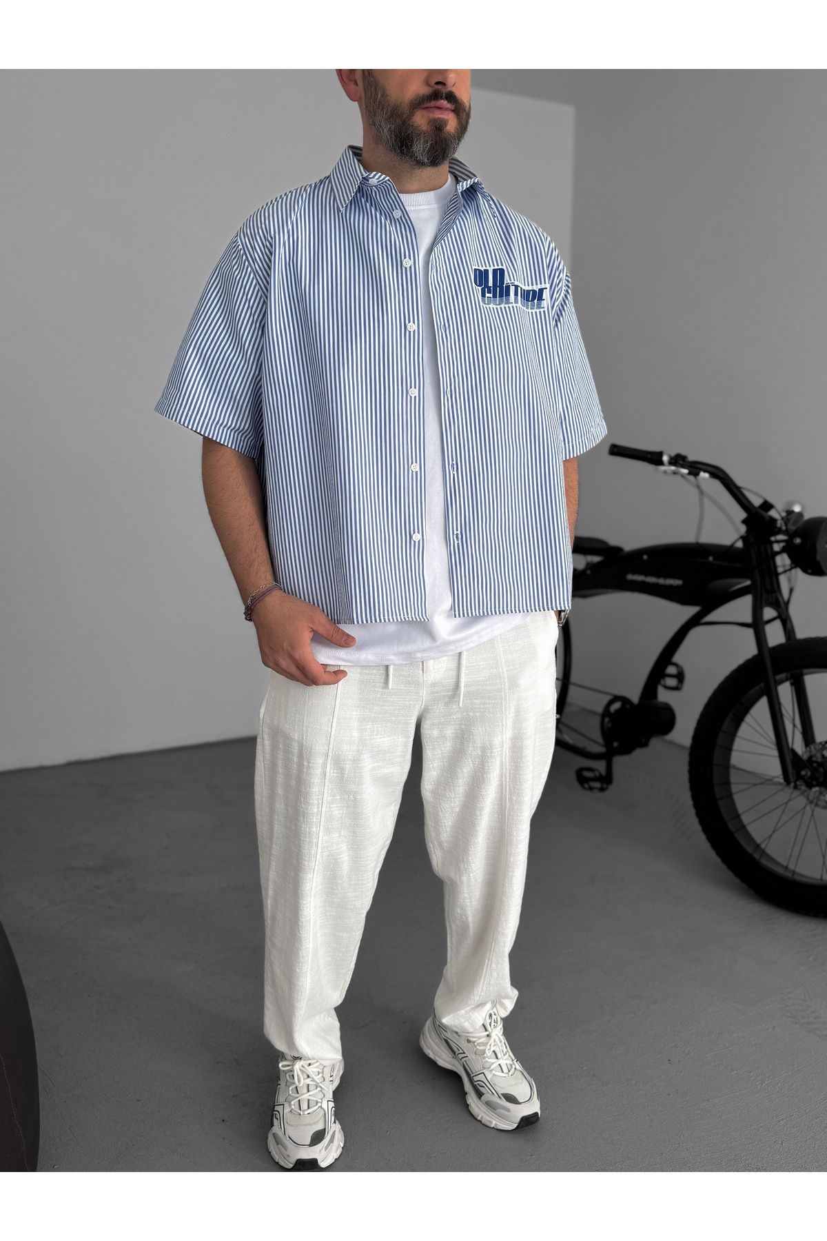 BYBASICMAN-Dark Blue Old Printed Striped Shirt Jj-85 3
