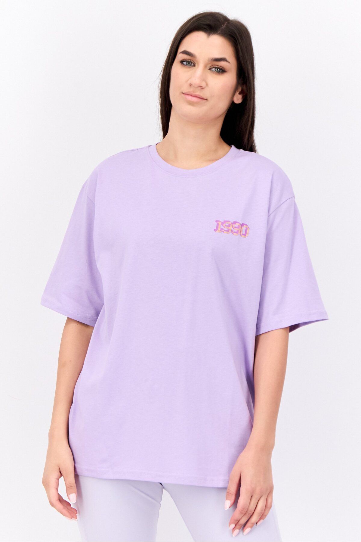 Steve Madden-Women Crew Neck Short Sleeve Graphic Print T-shirt, Lavender 1