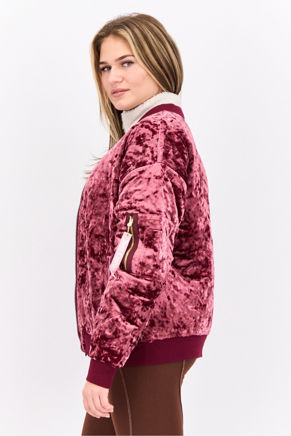 Juicy Couture-Women Band Neck Quilted Long Sleeves Sweatshirt, Maroon 3