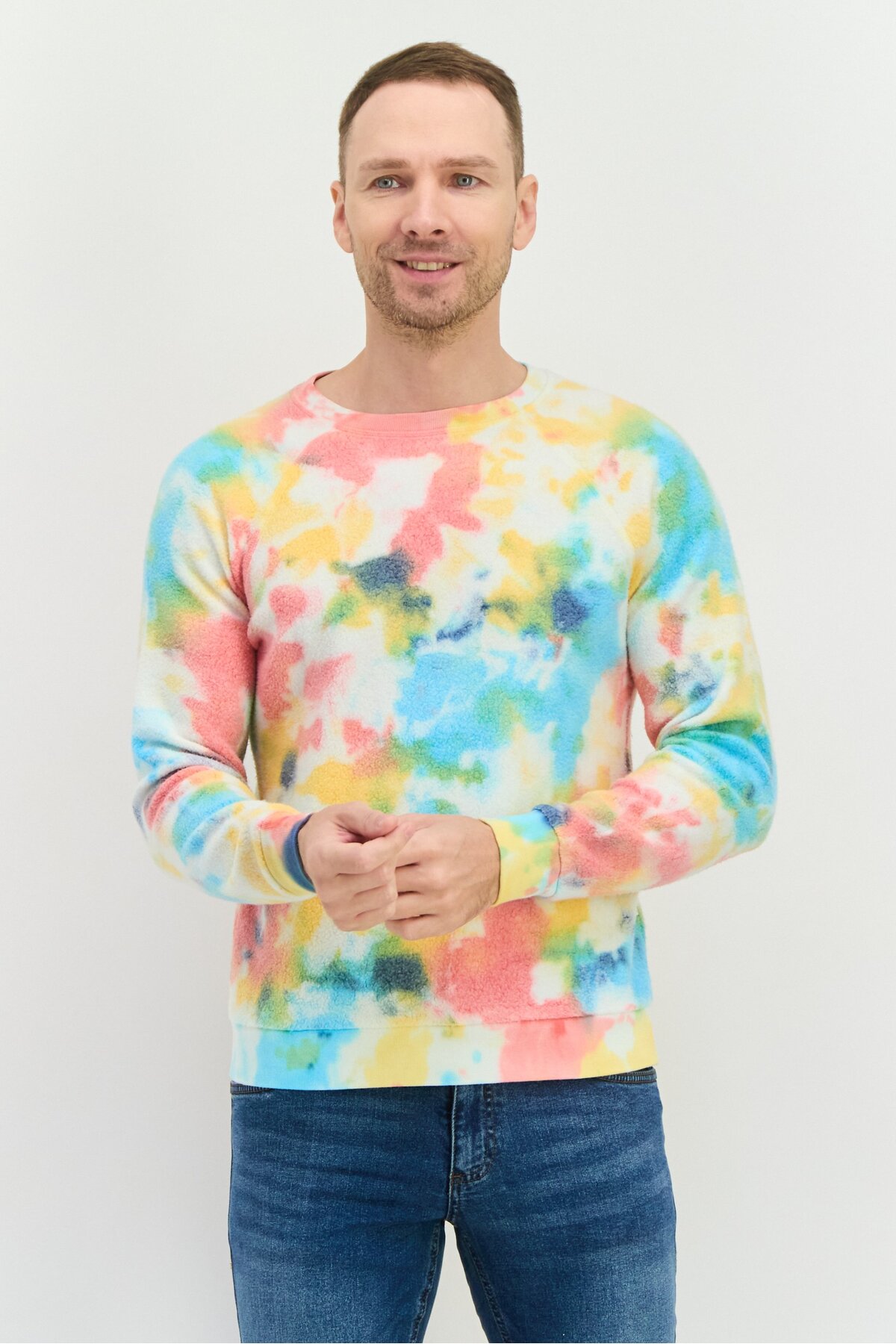 Feat Men Crew Neck Tie Dye Long Sleeves Sweatshirt, Beige- Trendyol
