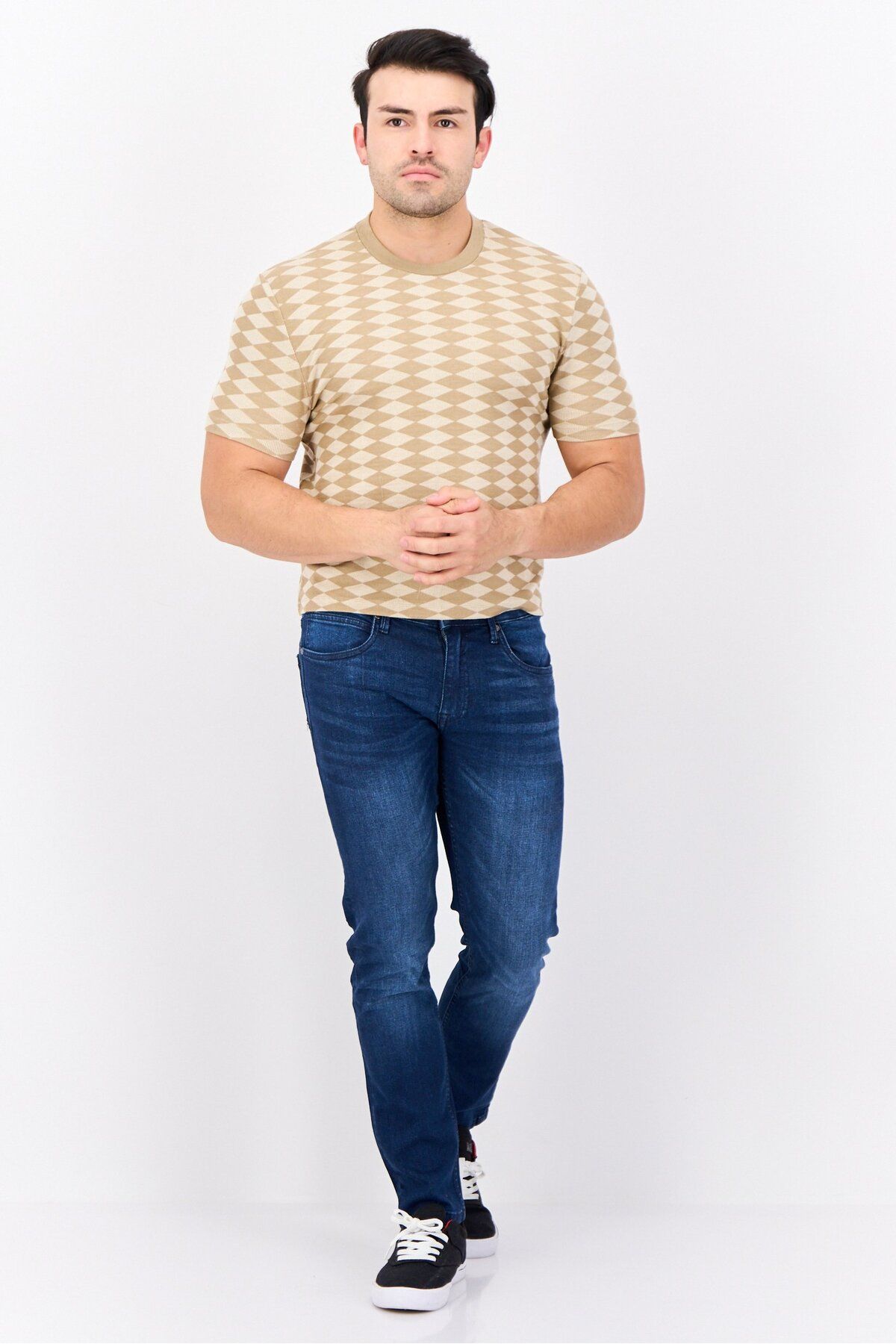 Asos Design-Men Crew Neck Short Sleeves Diamond Pattern T-Shirt, Tan 2
