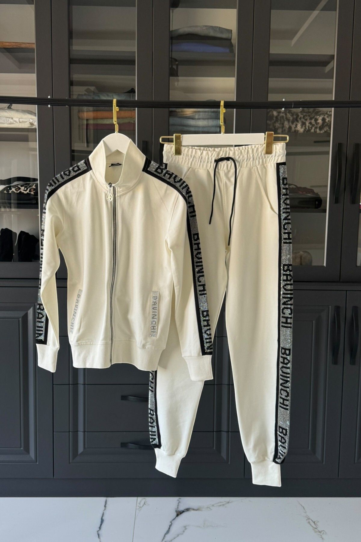 Posh Chic-Stone Side Stripe Tracksuit Set - Elegant and Modern Style 7