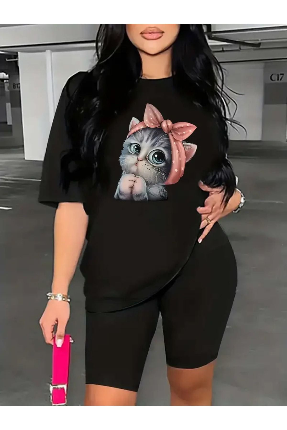 WOODROFFE-Tricou cu imprimeu cu pisici drăguțe pentru damă, jambiere, combinație de costum, oversize, boyfriend largi 1