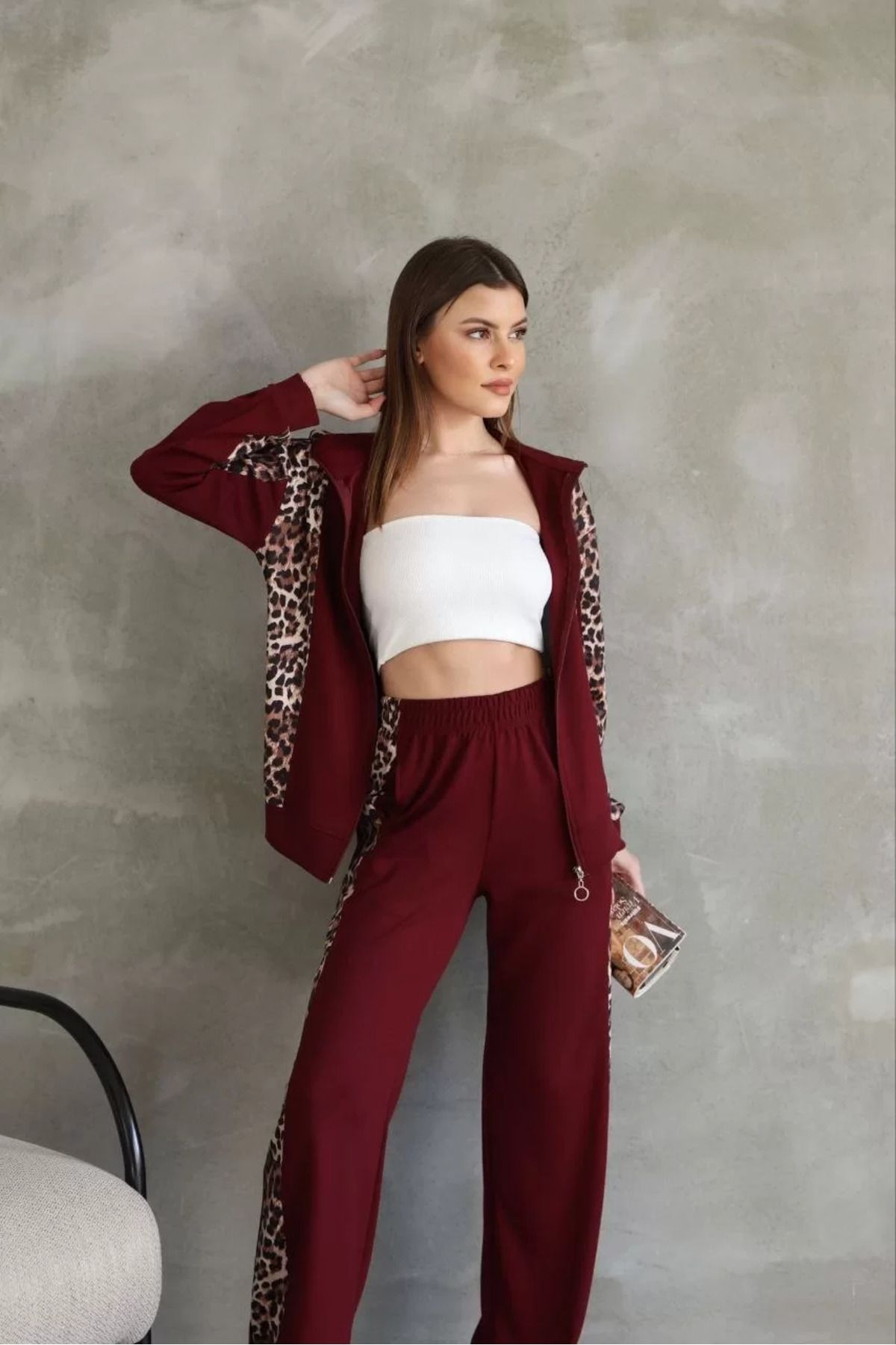C&Z Collection Osy Modal Yumuşak Dokulu Kumaş Kapüşonlu Leopar Desenli Fermuarlı Takım - Bordo