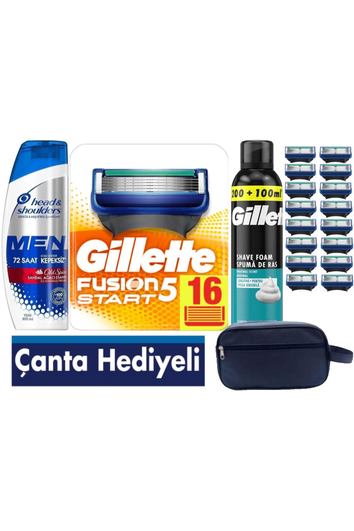 Gillette Fusion Start 16 Yedek Tıraş bıçağı +300 ML Köpük+300 ML Şampuan +Çanta