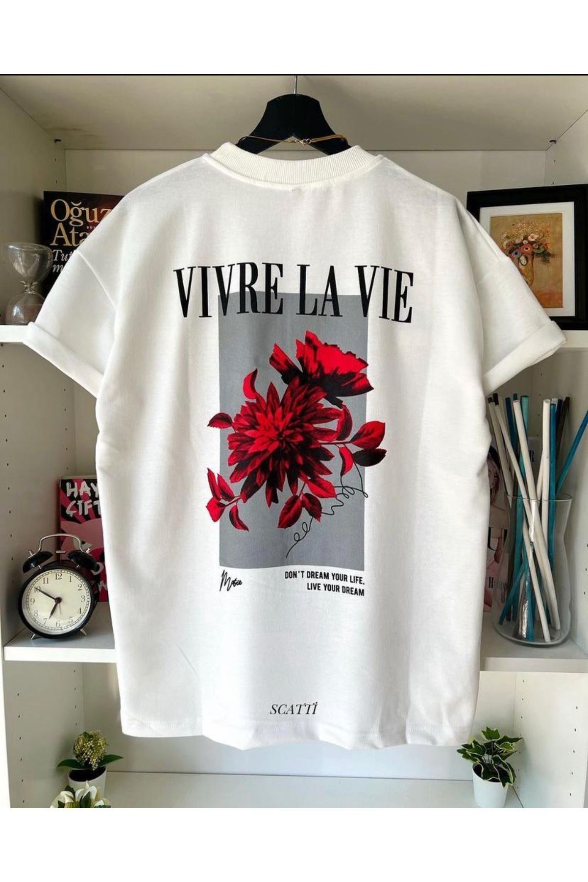 GIANTSTORE Unisex Beyaz Vivre La Vie Baskılı Oversize Bisiklet Yaka Penye Tişört