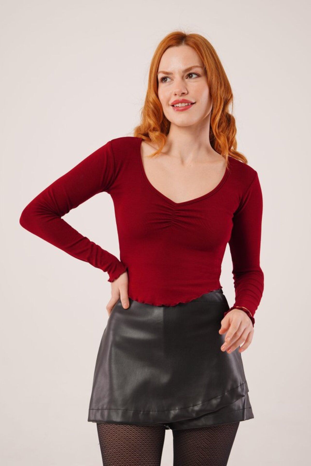 Asap Geniş Yaka Bordo Basic Body Bluz