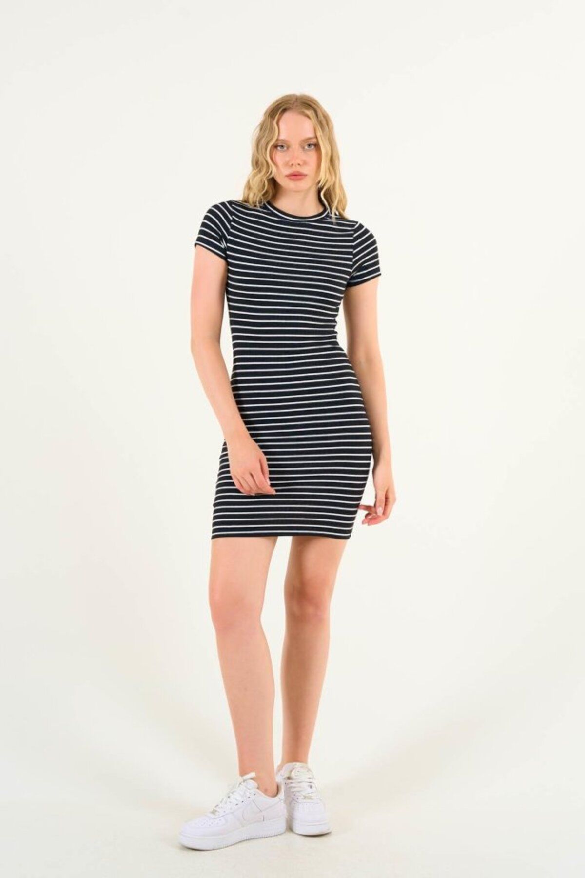 RAMİMSE-Ramimse Striped Short Sleeve Dress - Black-Ecru 5