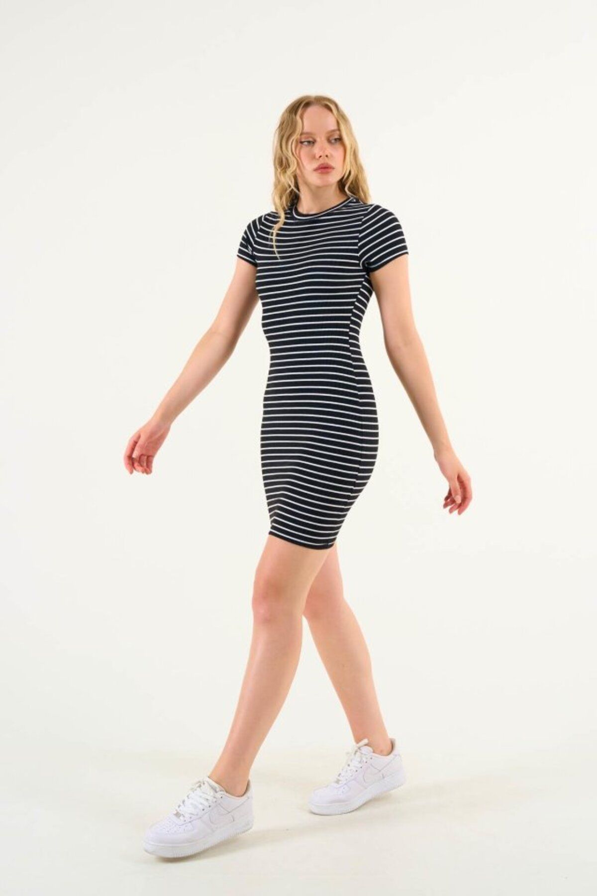 RAMİMSE-Ramimse Striped Short Sleeve Dress - Black-Ecru 4