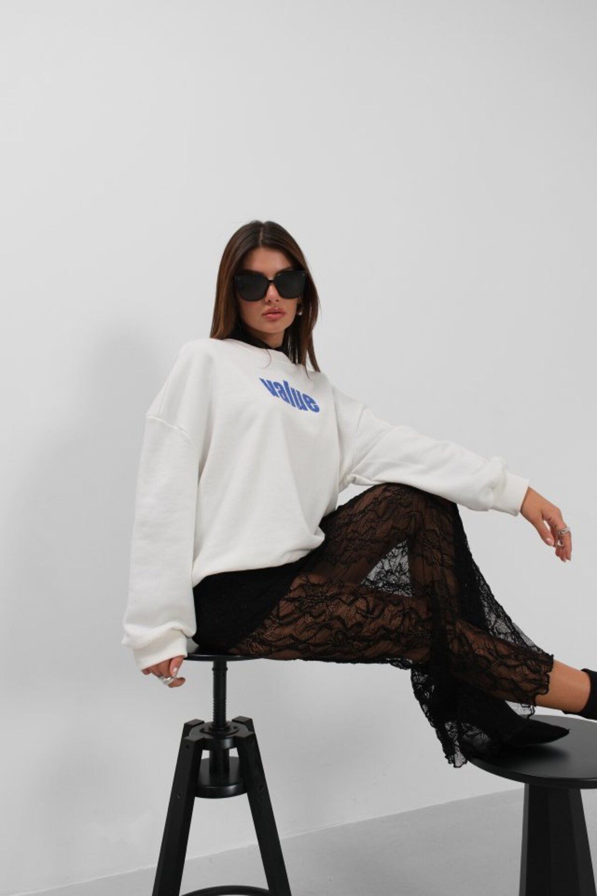 S PAZARIM S-PAZARIM Baskılı Sıfır Yaka Oversize Sweatshirt