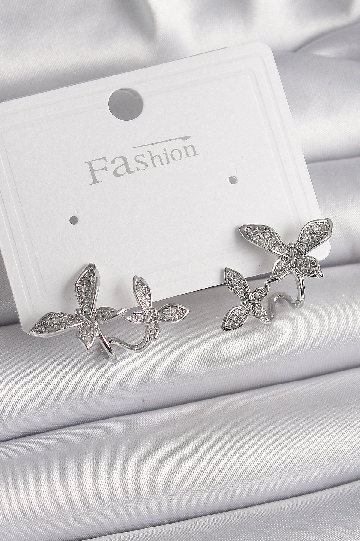 LovelymCo Pirinç Gümüş Renk Zirkon Taşlı Kelebek Model Kadın Küpe - Lisinya