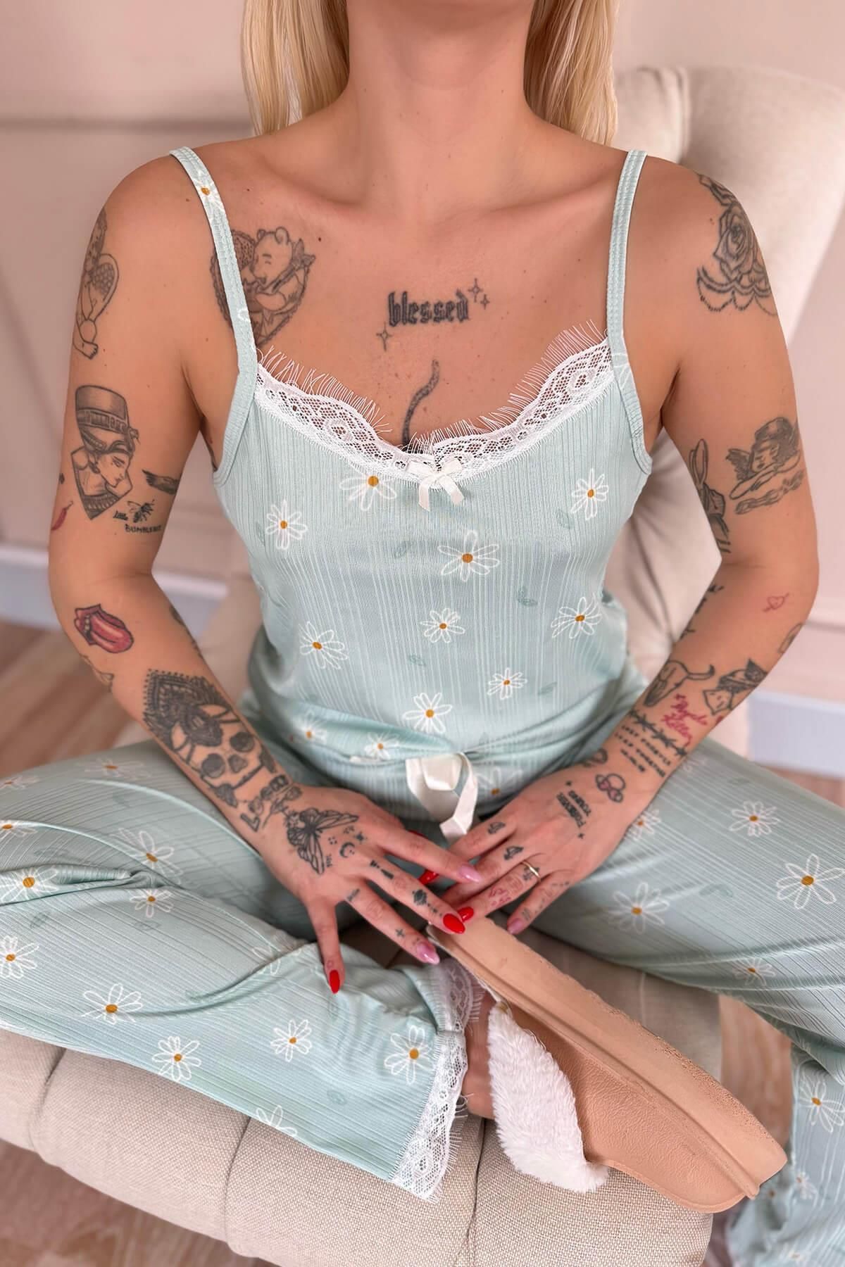 Pijamaevi-Mint Daisy Lace Rope Strap Knitted Women's Pajama Set 5