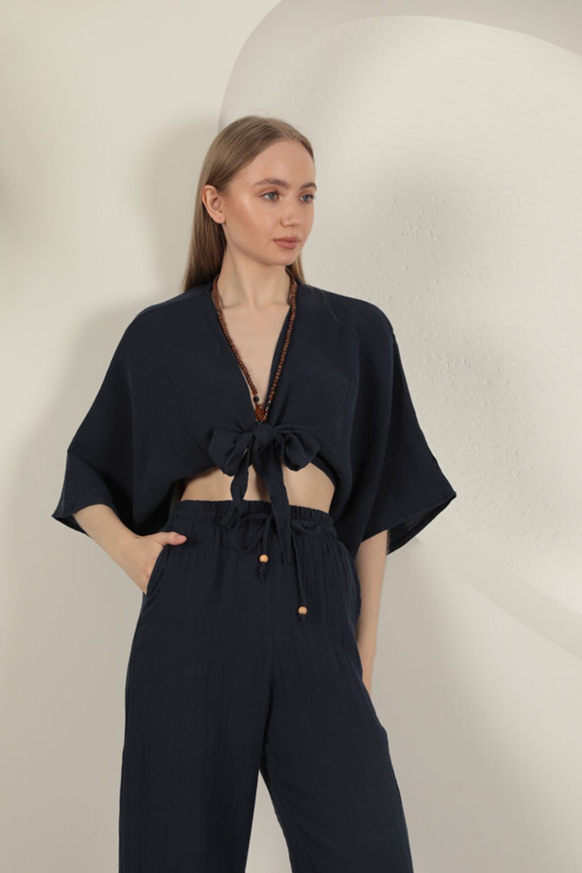 PİNK STAR Müslin Kumaş Kimono-Lacivert