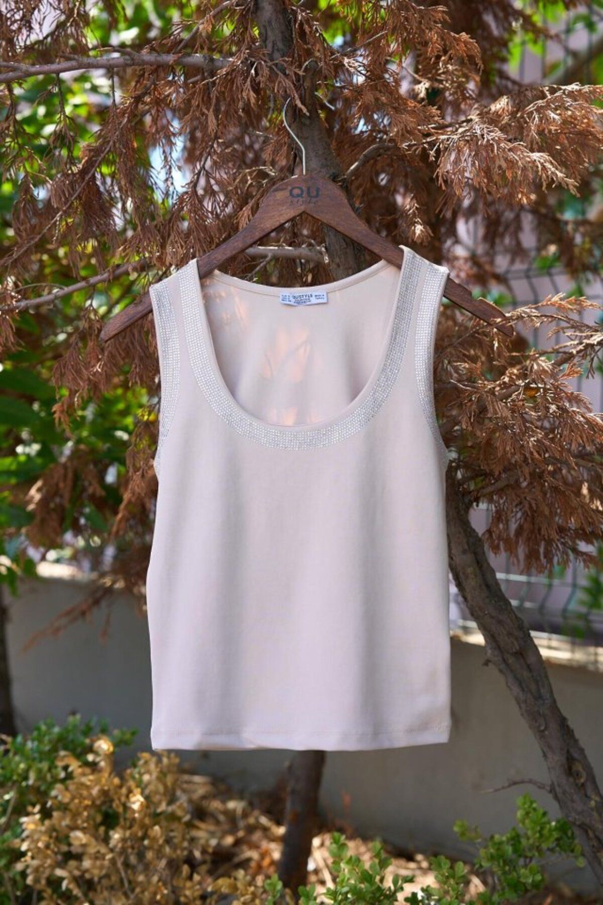 Pembe Portakal Taşlı Atlet - Açık Bej