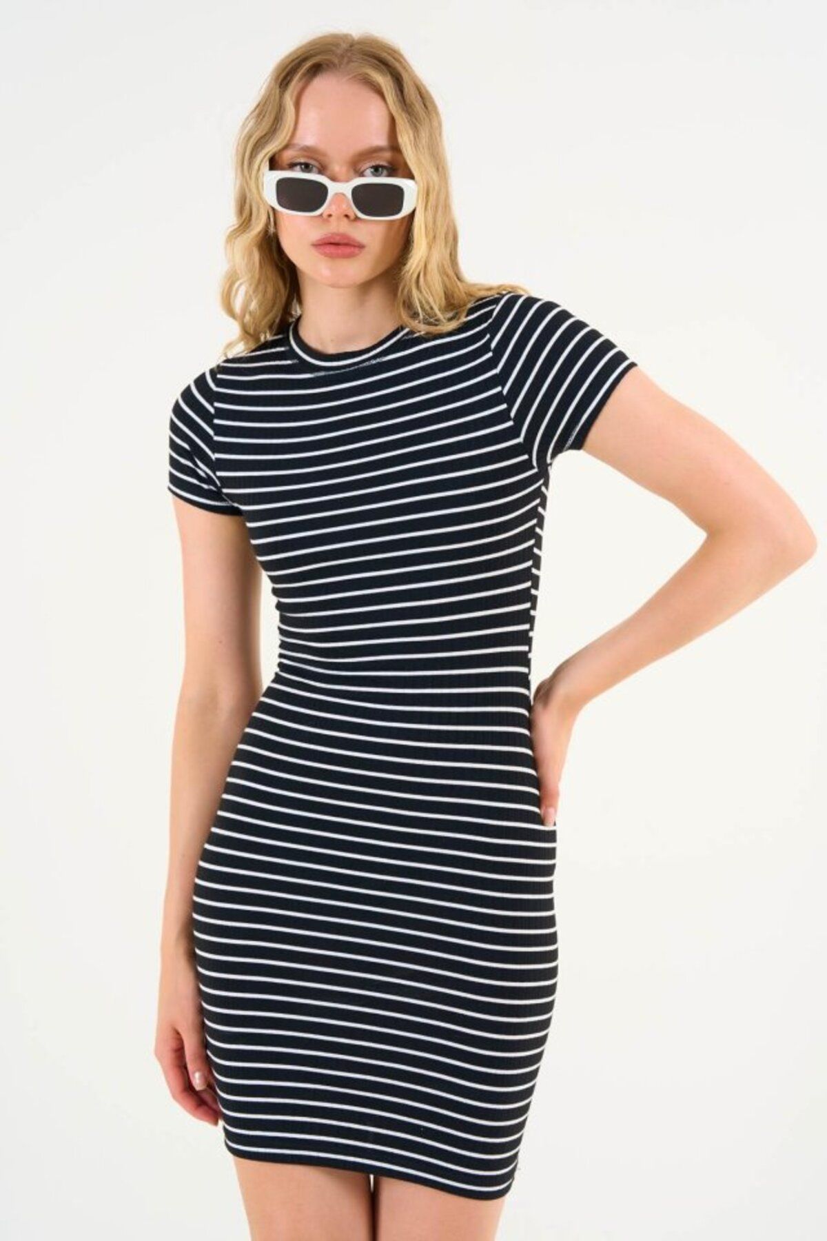 RAMİMSE-Ramimse Striped Short Sleeve Dress - Black-Ecru 1