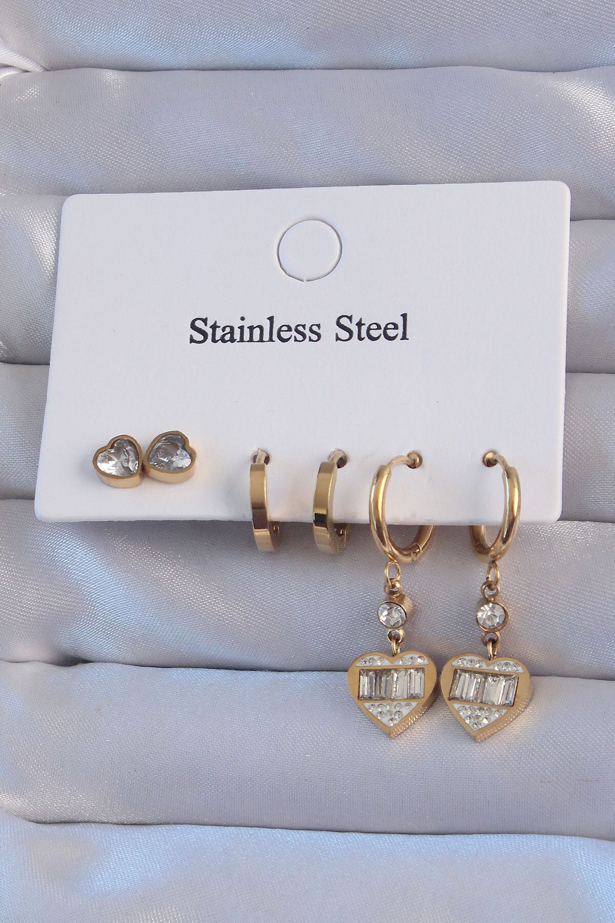LovelymCo 316L Çelik Gold Renk Zirkon Taşlı Kalp Model Halka Küpe Seti - Lisinya