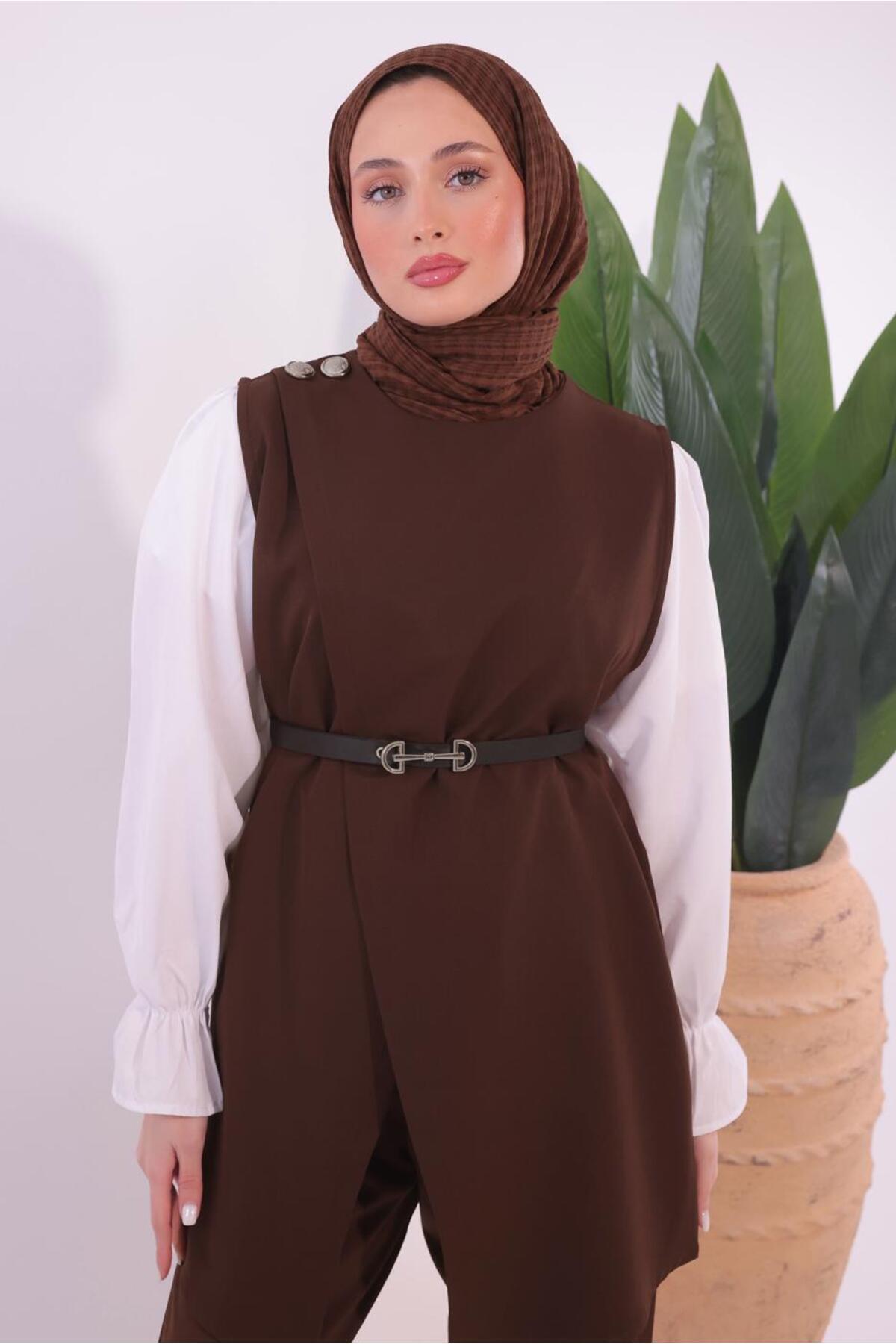 TRENDTESETTÜR-Women's Brown Belted Trousers Suit T0184 4